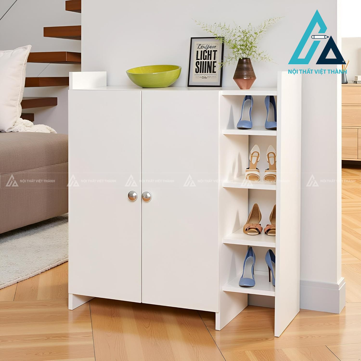 Tủ giày MDF màu trắng hiện đại dáng đứng nhiều tầng tiện lợi