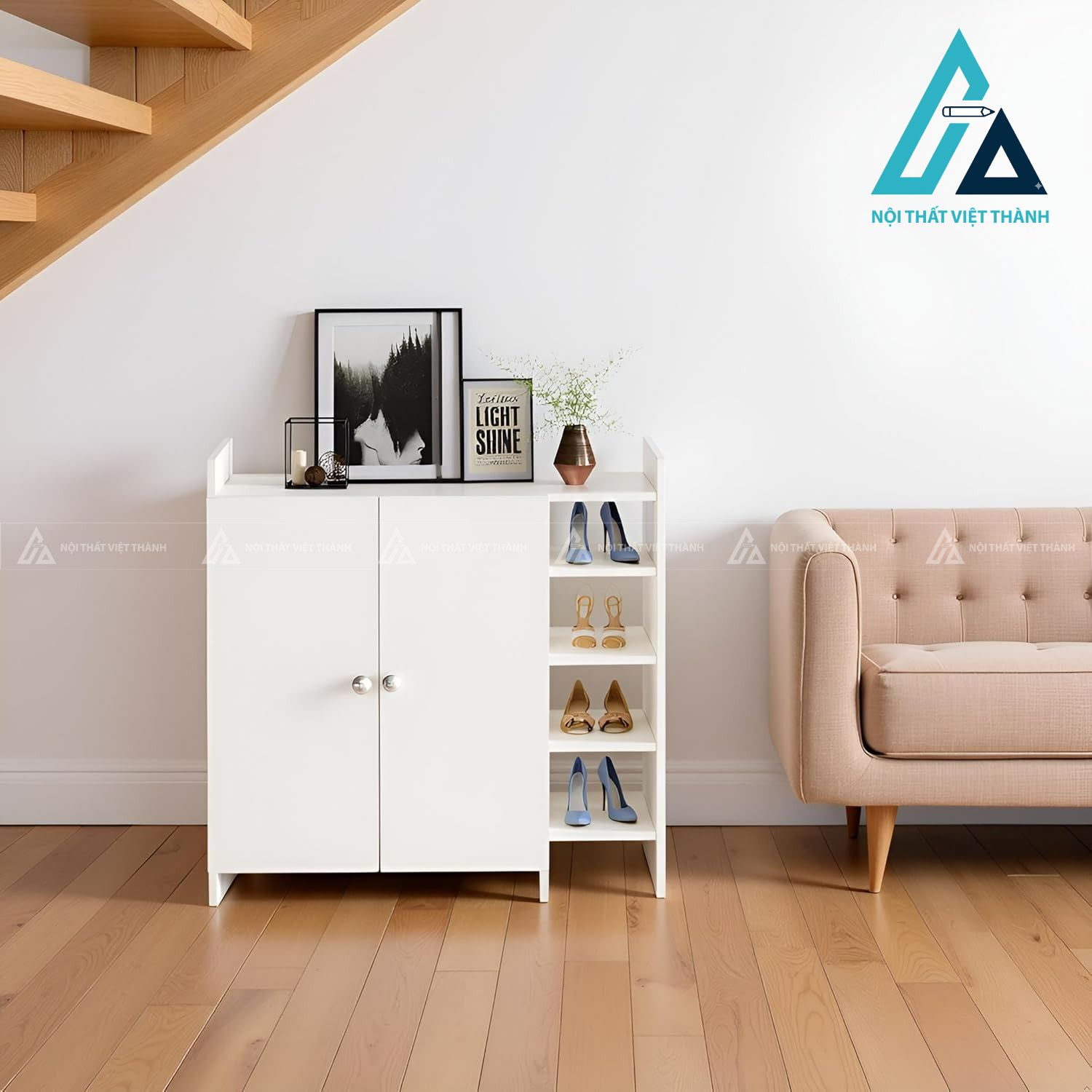 Tủ giày MDF màu trắng hiện đại dáng đứng nhiều tầng tiện lợi 2