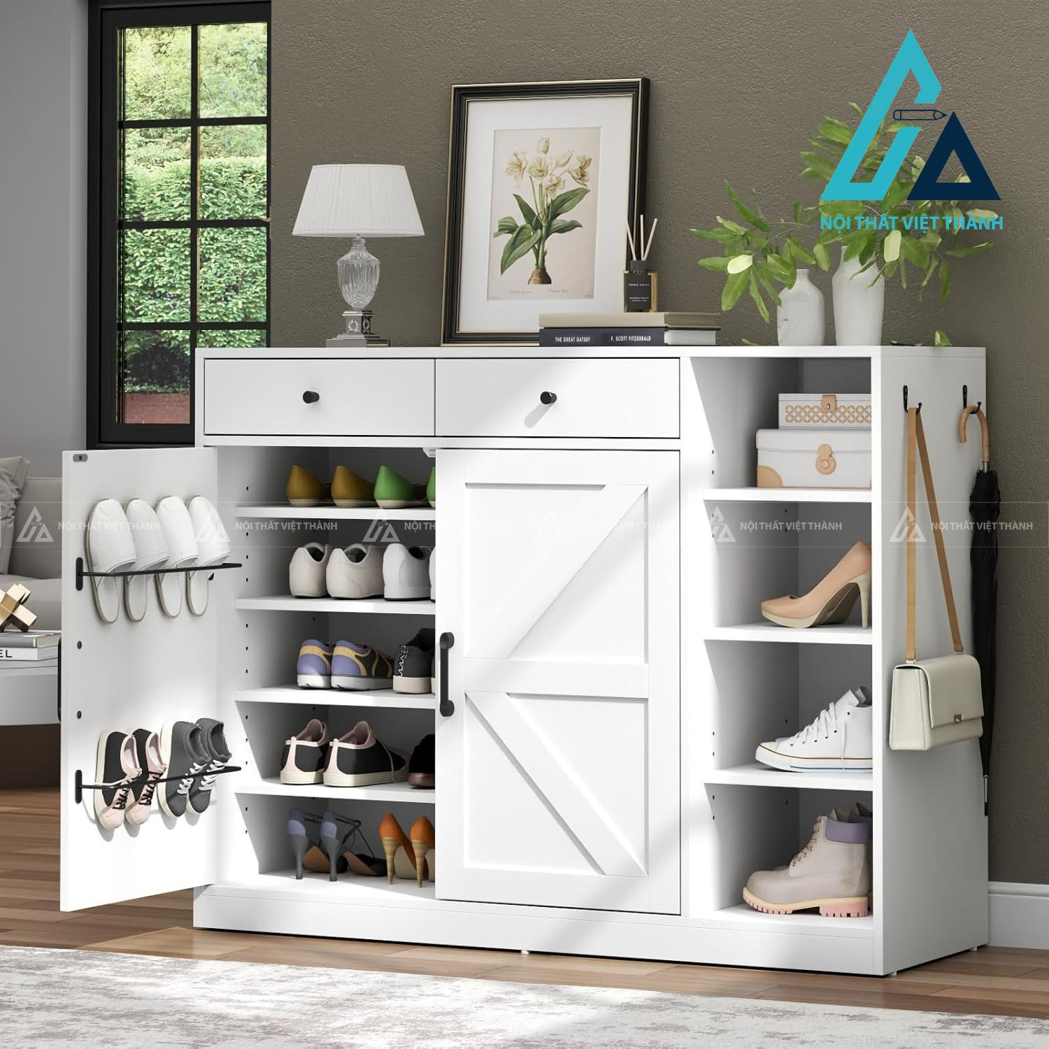 Tủ giày MDF nhiều ngăn màu trắng hiện đại có ngăn kéo và móc treo tiện ích