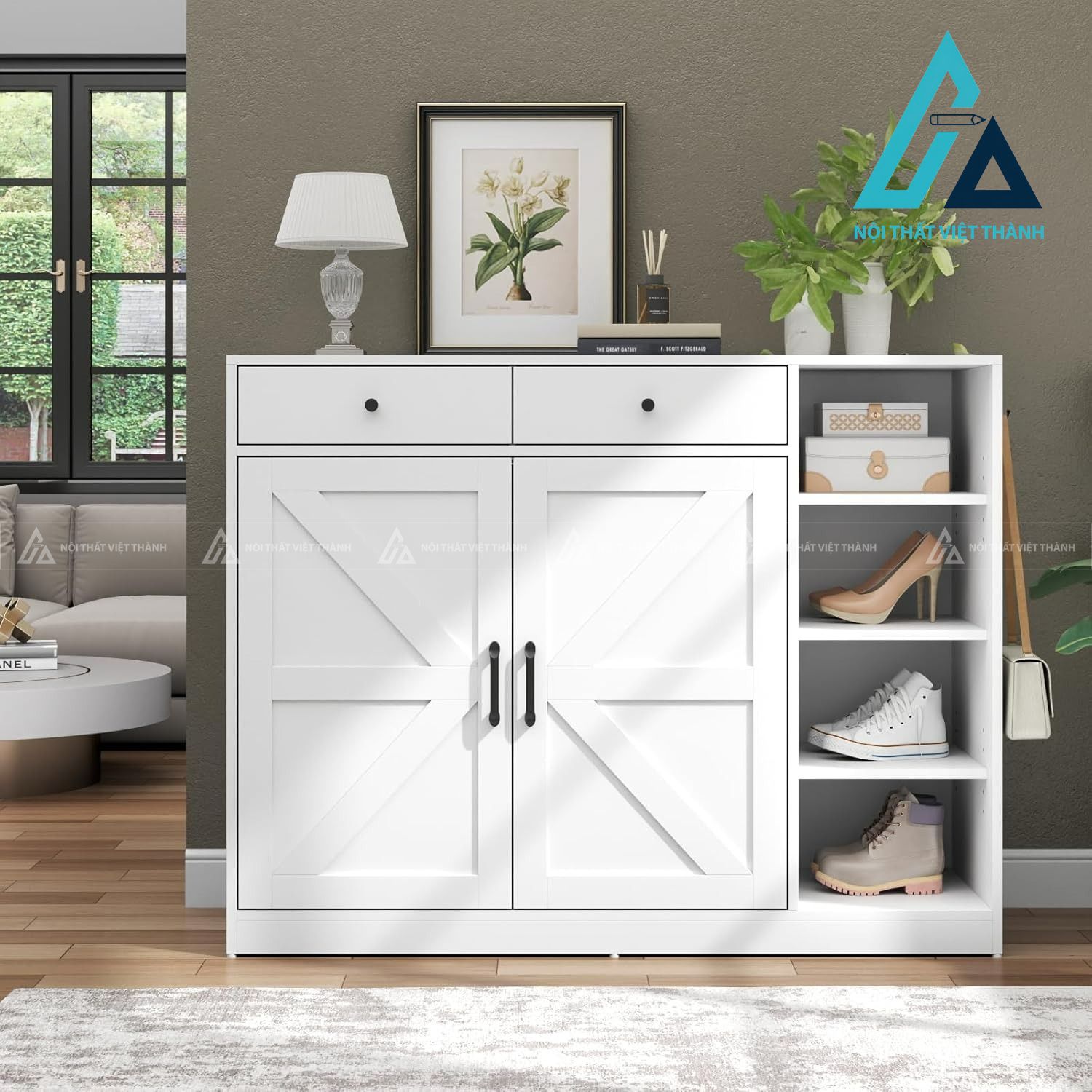 Tủ giày MDF nhiều ngăn màu trắng hiện đại có ngăn kéo và móc treo tiện ích 1