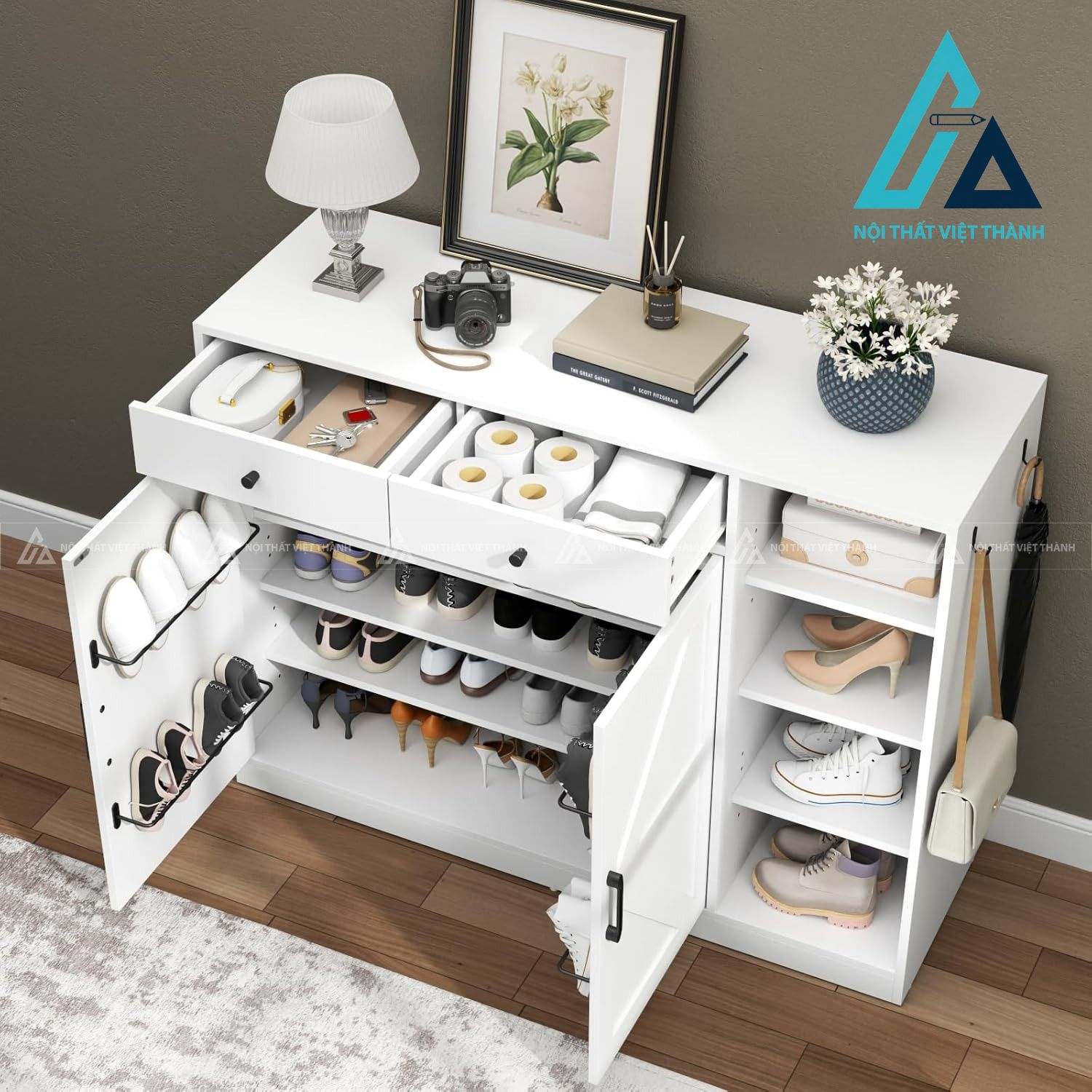 Tủ giày MDF nhiều ngăn màu trắng hiện đại có ngăn kéo và móc treo tiện ích 2