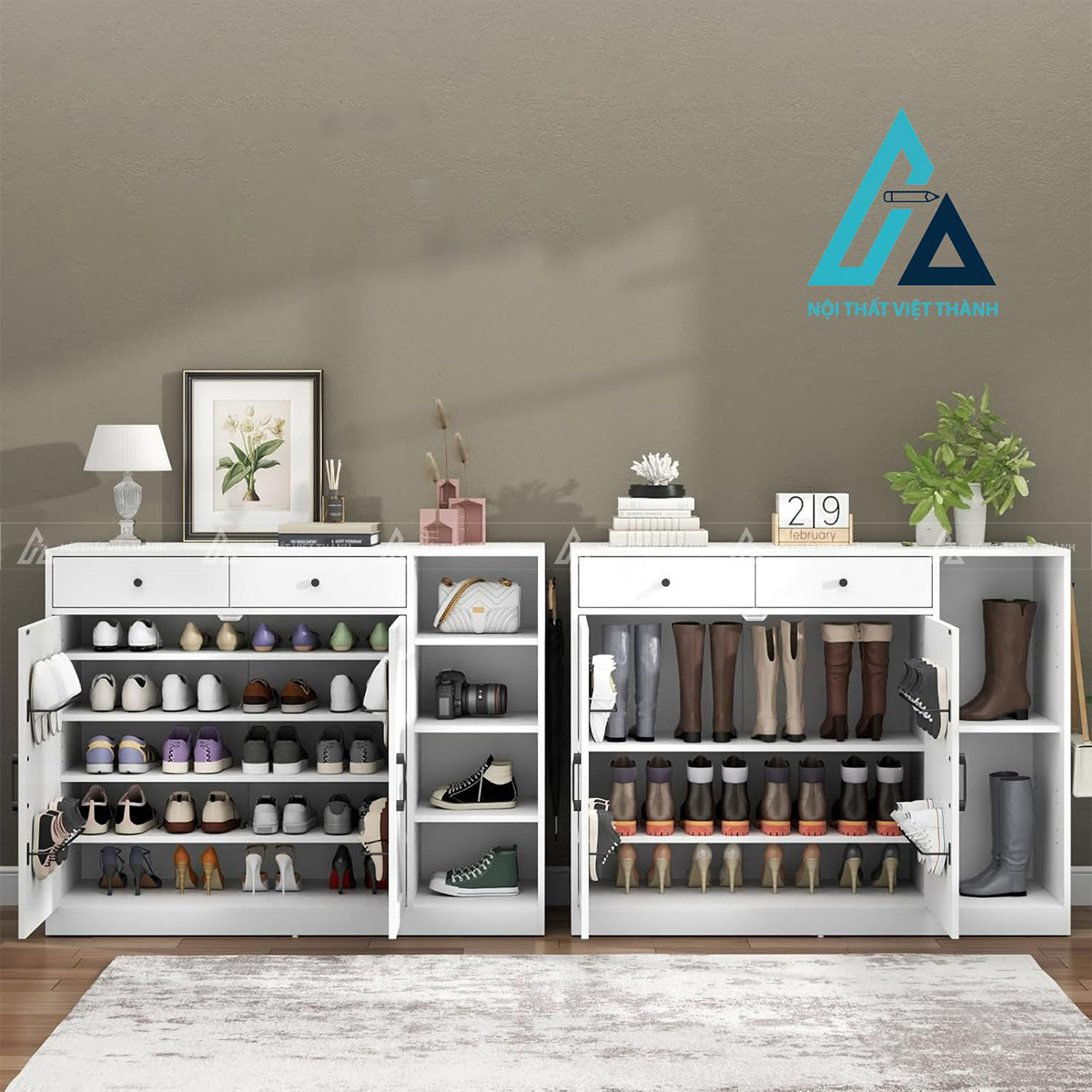 Tủ giày MDF nhiều ngăn màu trắng hiện đại có ngăn kéo và móc treo tiện ích 3
