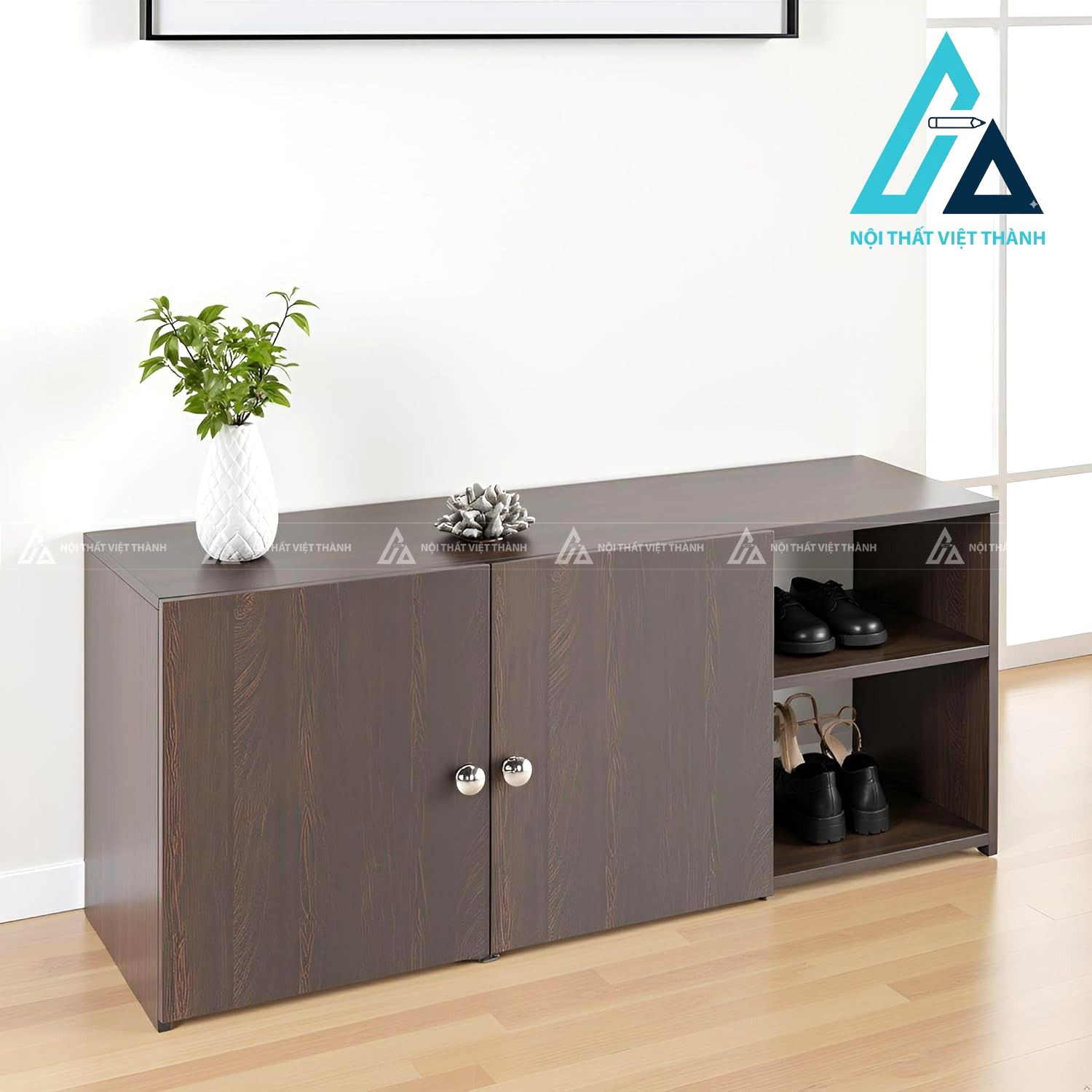 Tủ giày MDF vân gỗ Wenge hiện đại đa năng có kệ mở tiện lợi