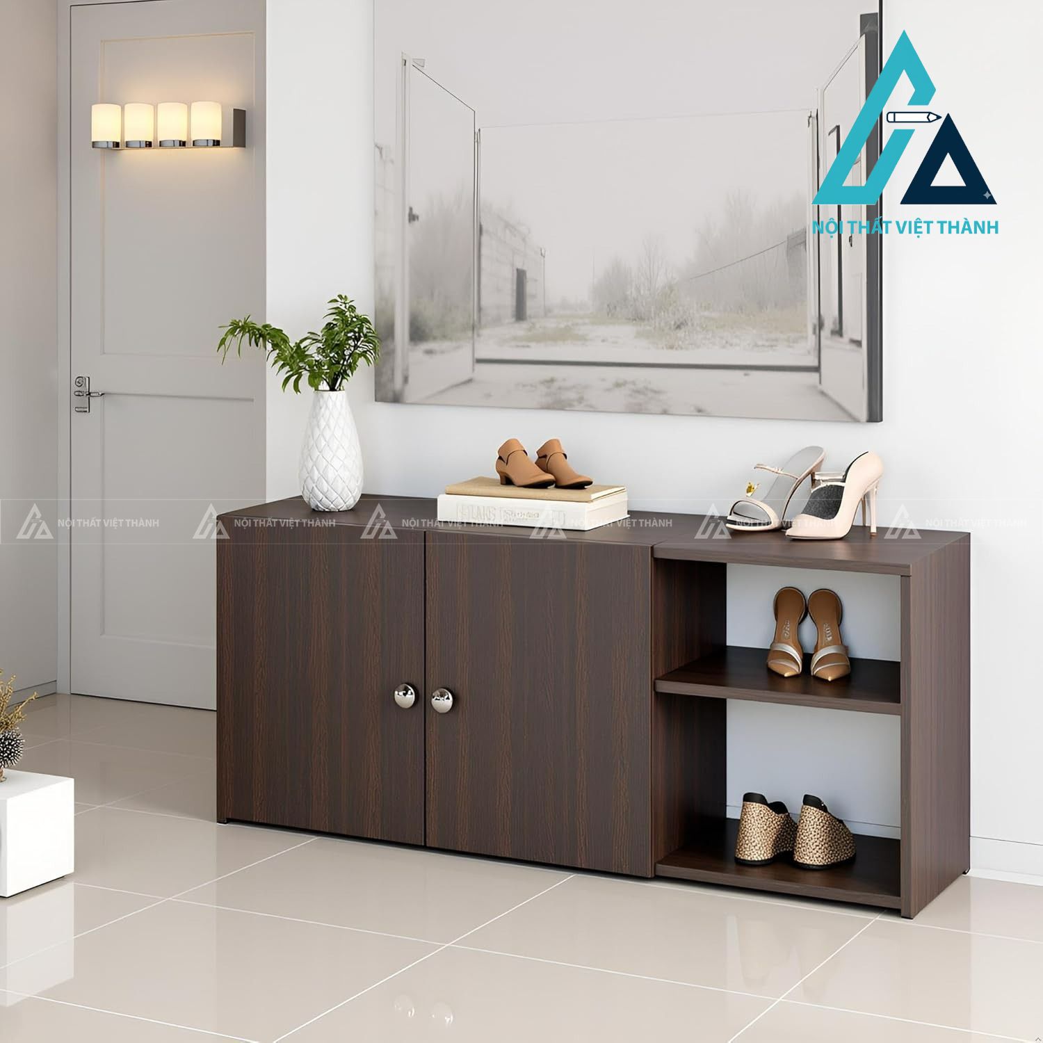 Tủ giày MDF vân gỗ Wenge hiện đại đa năng có kệ mở tiện lợi 1