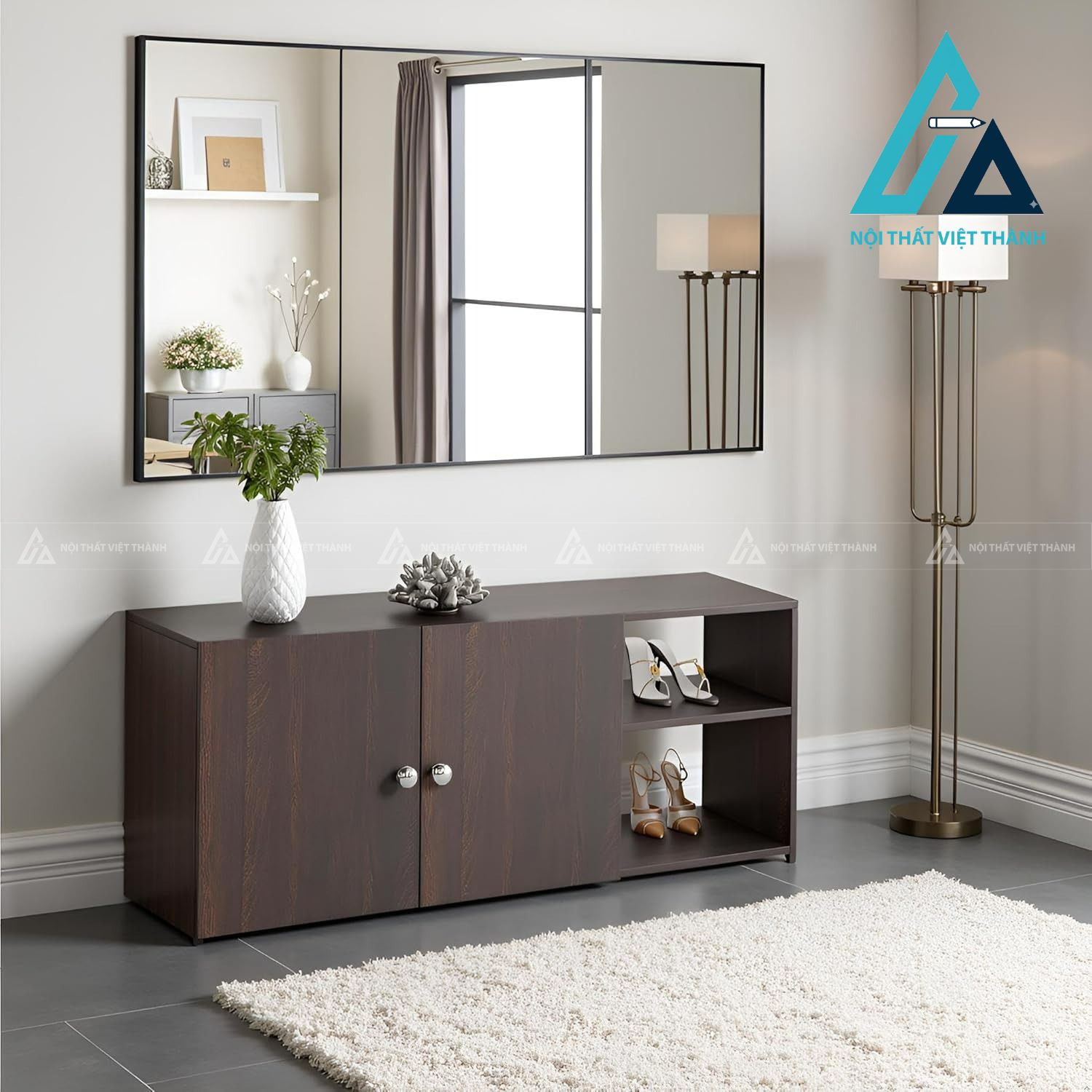 Tủ giày MDF vân gỗ Wenge hiện đại đa năng có kệ mở tiện lợi 2