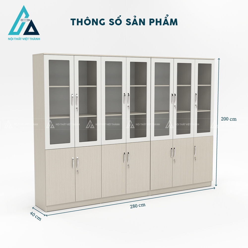 Hệ tủ hồ sơ văn phòng 6 buồng cánh kính màu trắng kem hiện đại 3