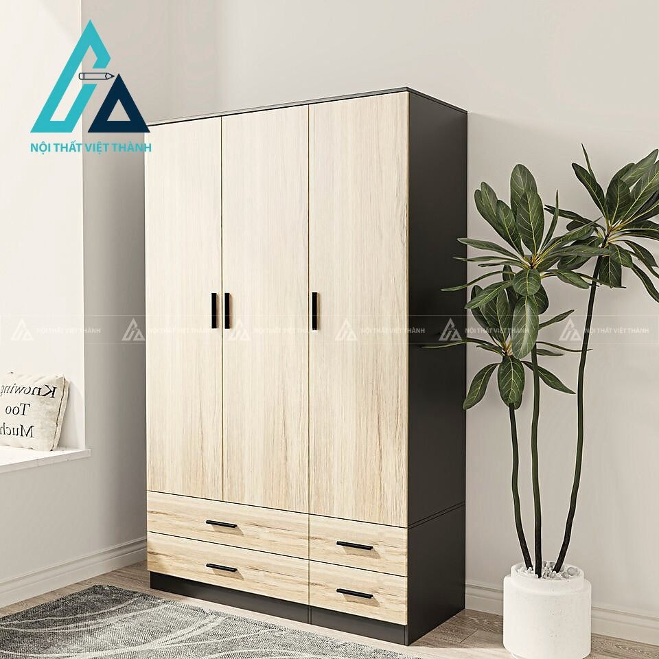 Tủ quần áo 3 cánh 4 ngăn kéo gỗ công nghiệp phối gỗ sồi – đen hiện đại