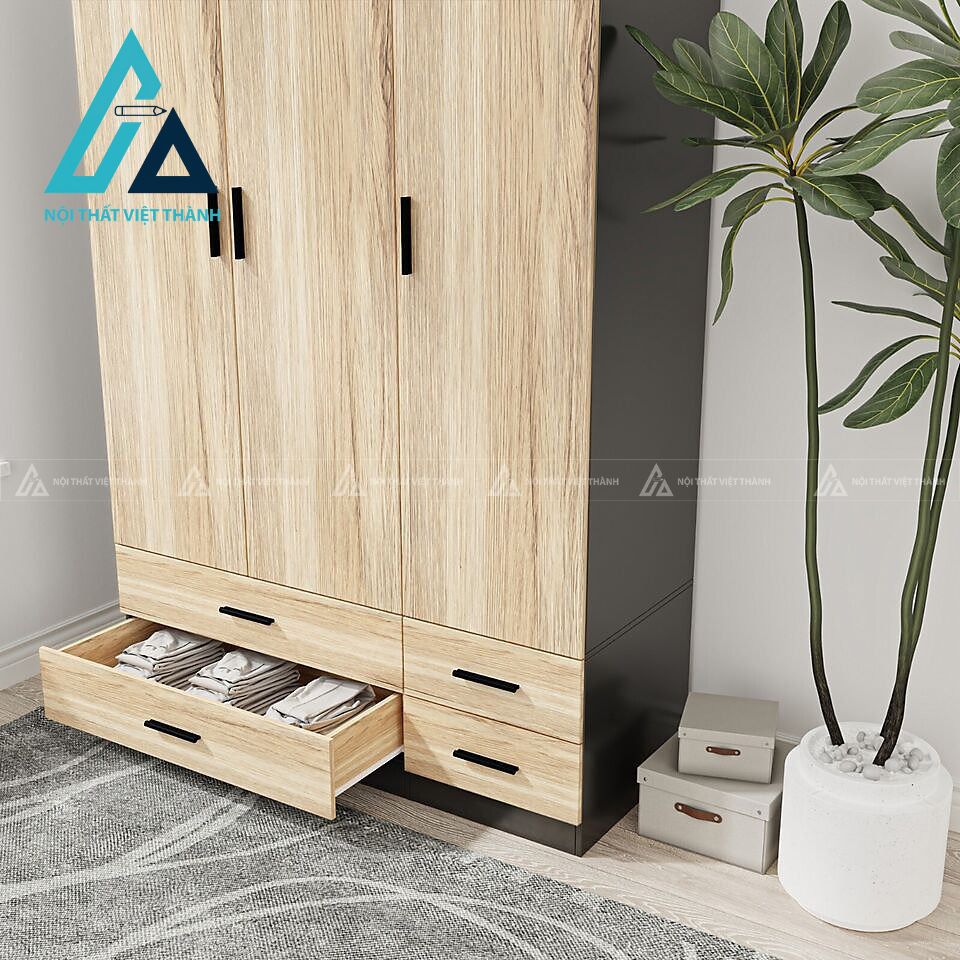 Tủ quần áo 3 cánh 4 ngăn kéo gỗ công nghiệp phối gỗ sồi – đen hiện đại 4