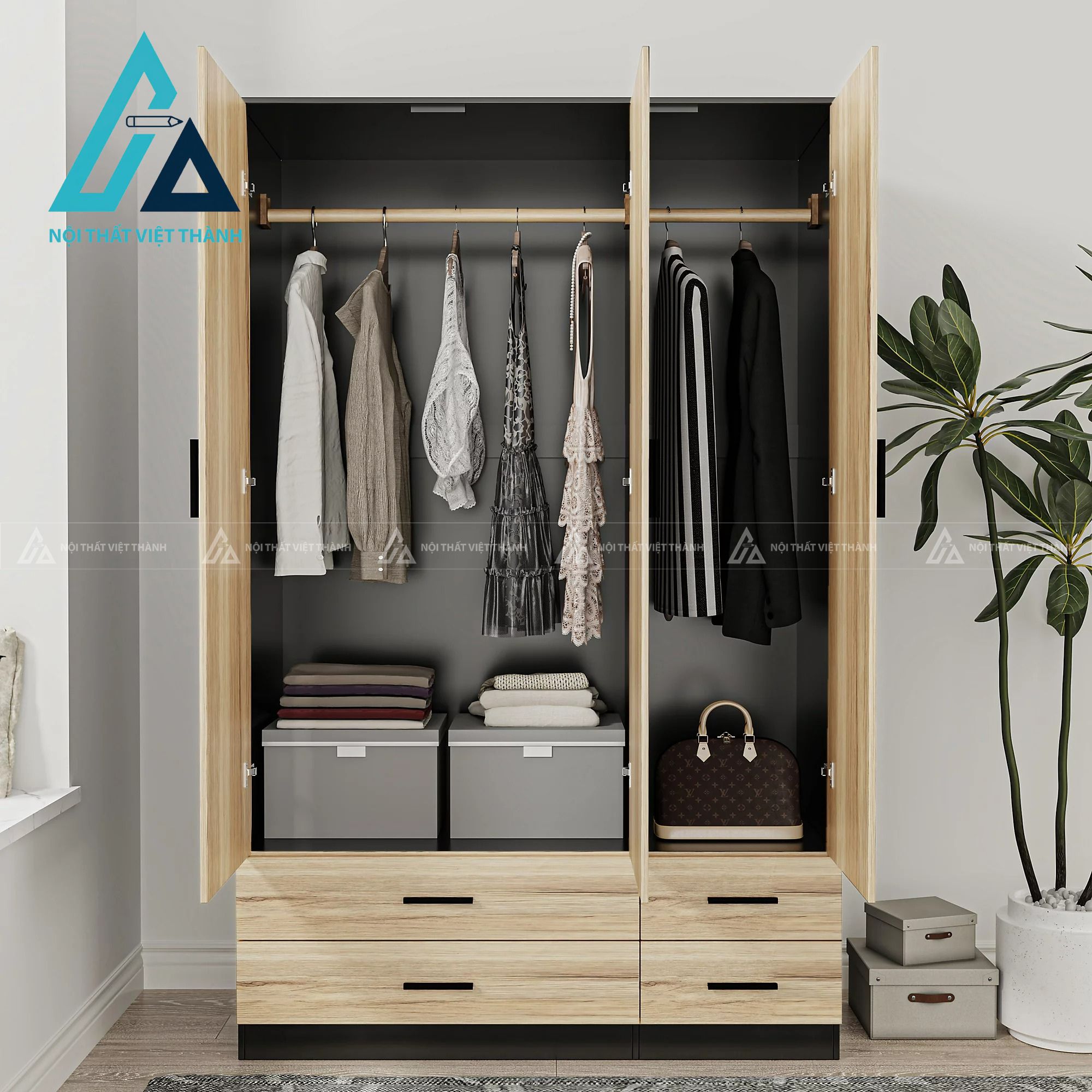 Tủ quần áo 3 cánh 4 ngăn kéo gỗ công nghiệp phối gỗ sồi – đen hiện đại 5