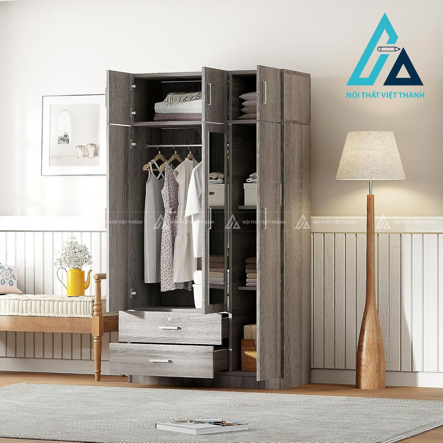 Tủ quần áo 3 cánh MDF có gương soi hiện đại tích hợp ngăn kéo tiện dụng