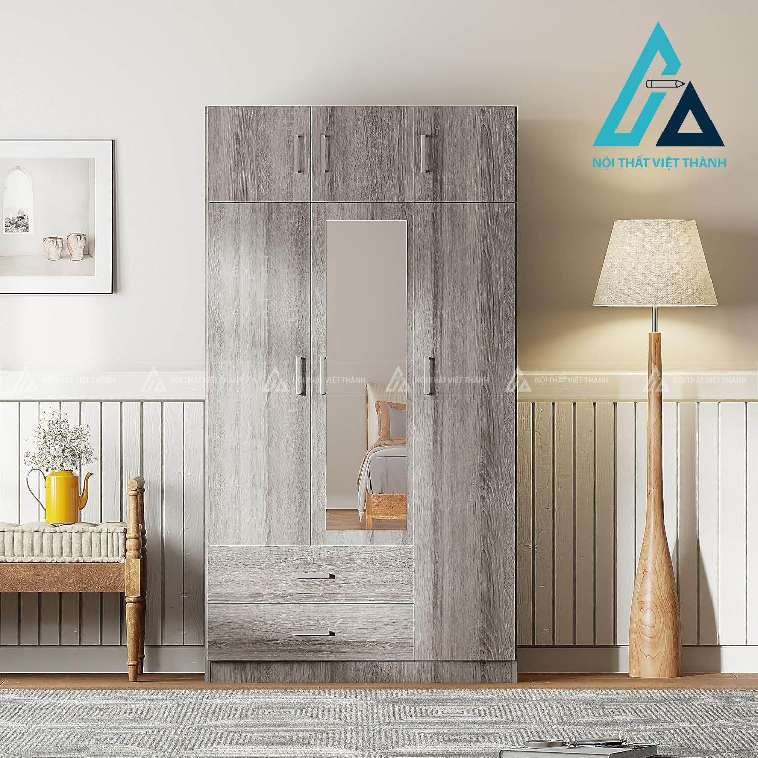 Tủ quần áo 3 cánh MDF có gương soi hiện đại tích hợp ngăn kéo tiện dụng 2