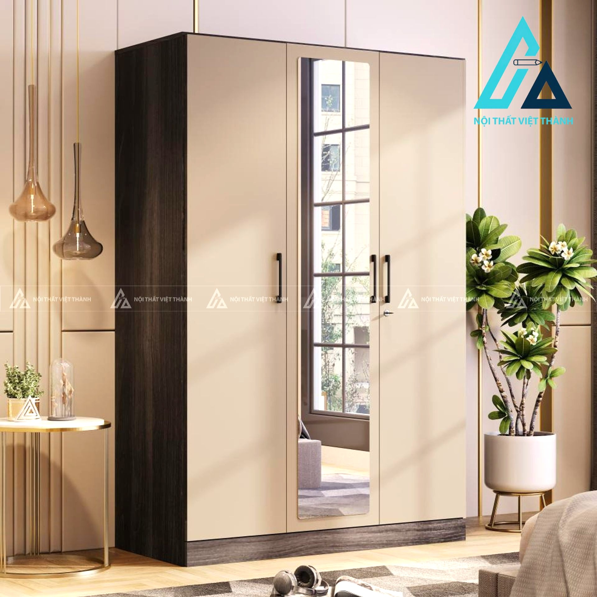 Tủ quần áo 3 cánh MDF màu gỗ phong phối be sữa có gương hiện đại