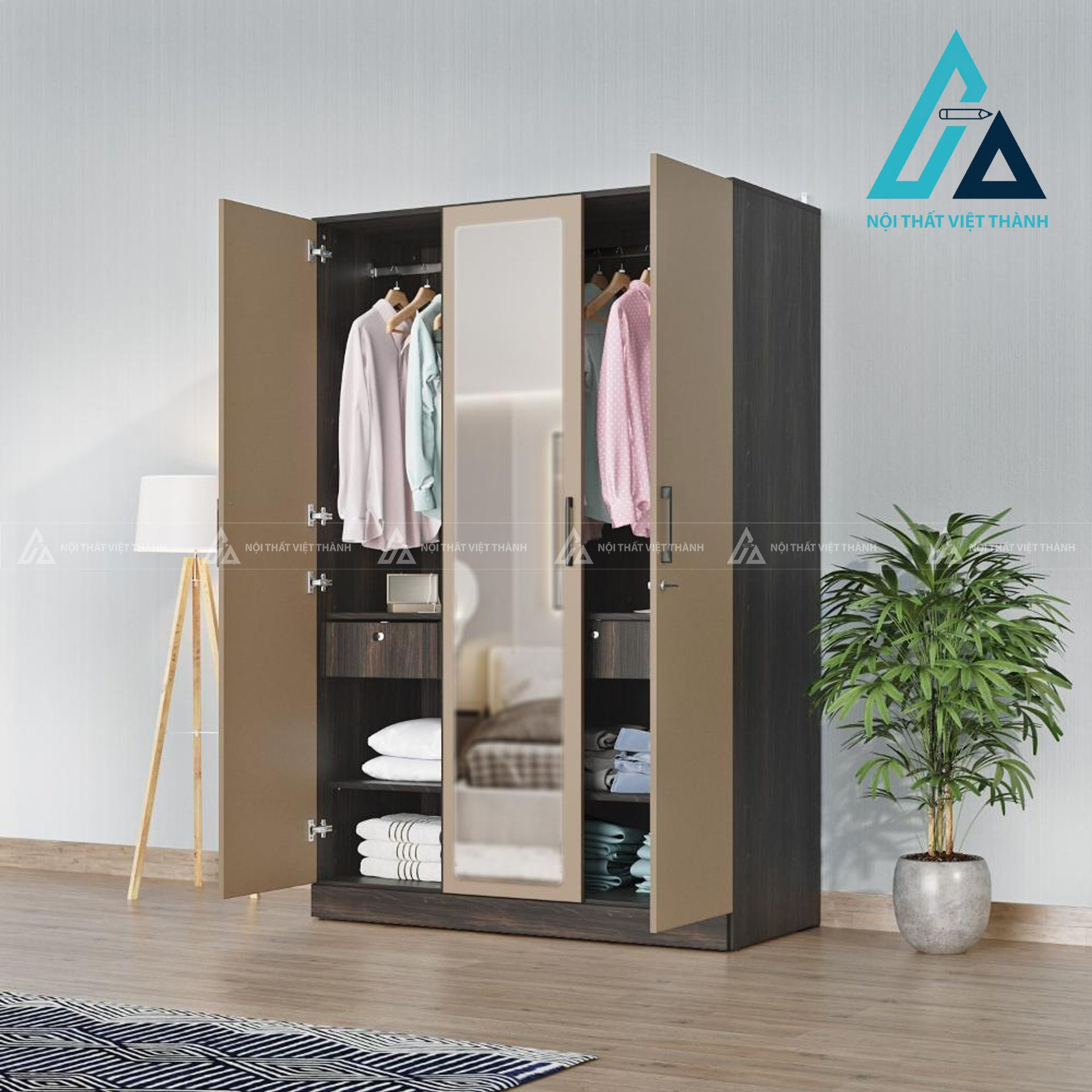 Tủ quần áo 3 cánh MDF màu gỗ phong phối be sữa có gương hiện đại 2