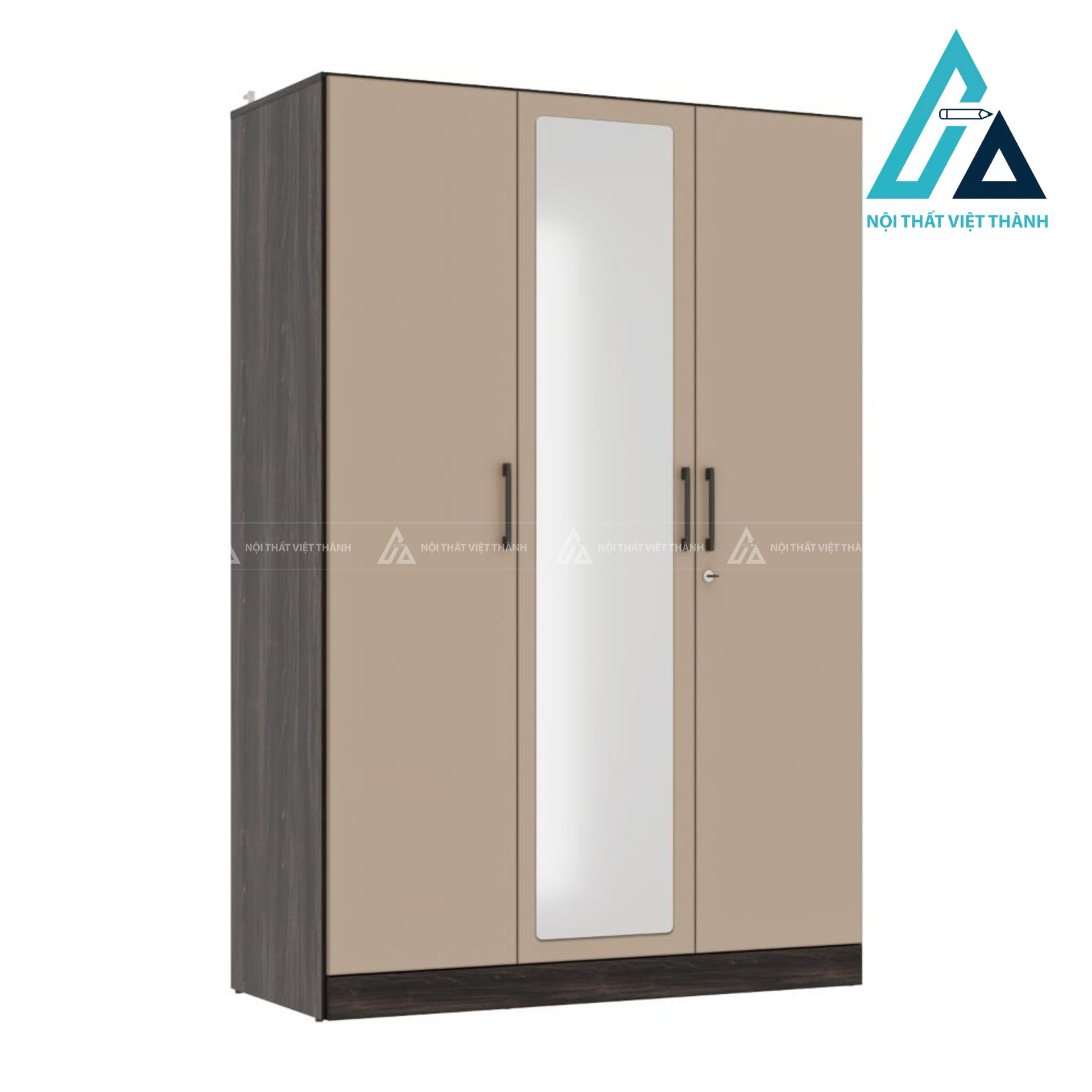 Tủ quần áo 3 cánh MDF màu gỗ phong phối be sữa có gương hiện đại 3