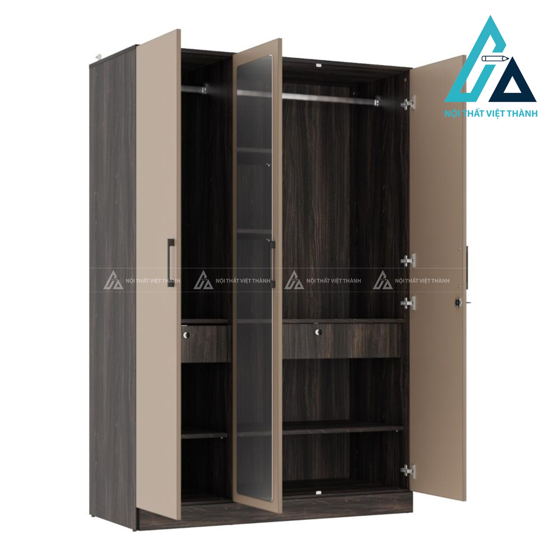 Tủ quần áo 3 cánh MDF màu gỗ phong phối be sữa có gương hiện đại 5