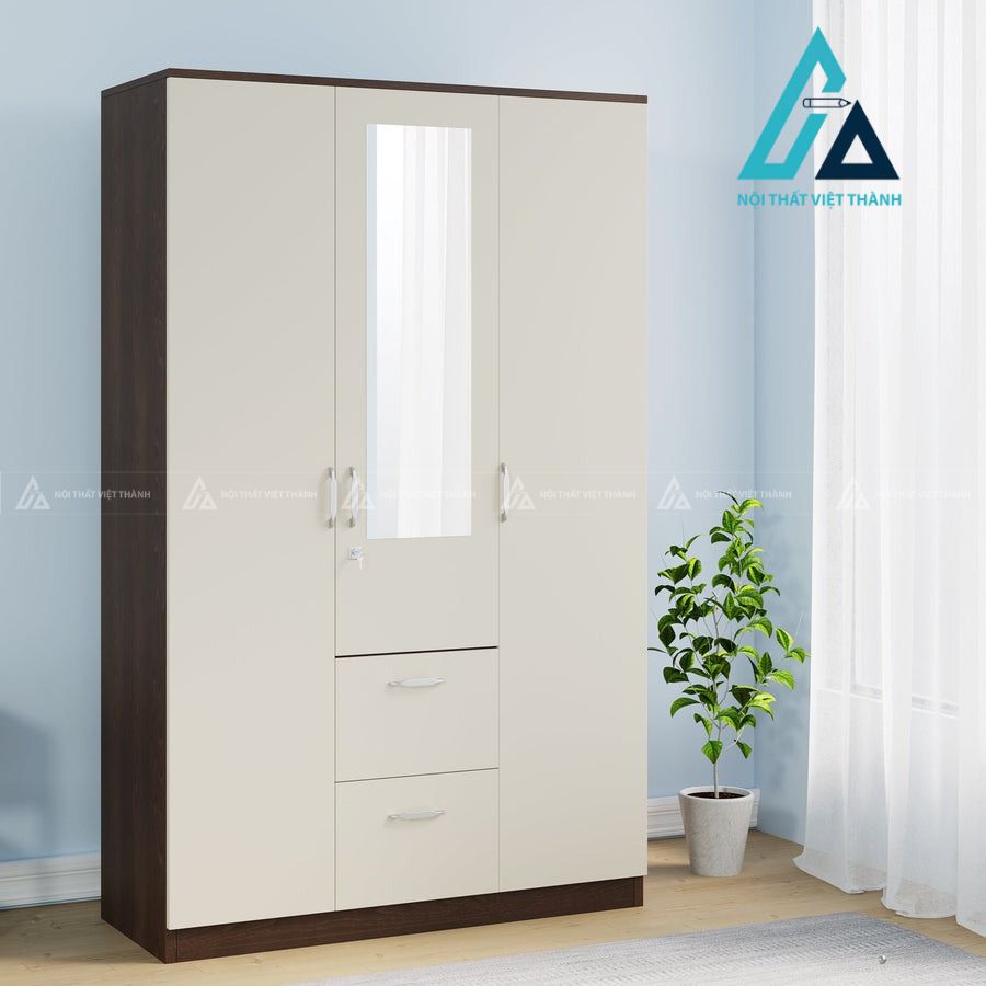 Tủ quần áo 3 cánh MDF màu óc chó phối trắng có gương hiện đại