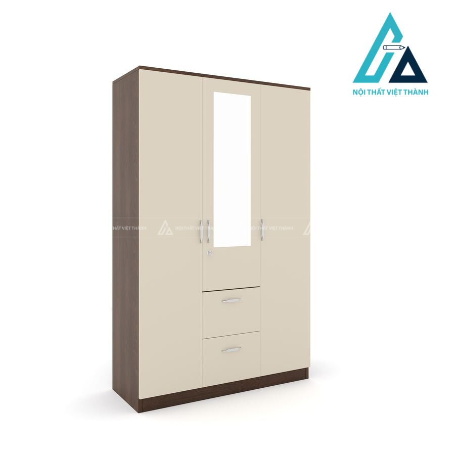 Tủ quần áo 3 cánh MDF màu óc chó phối trắng có gương hiện đại 2