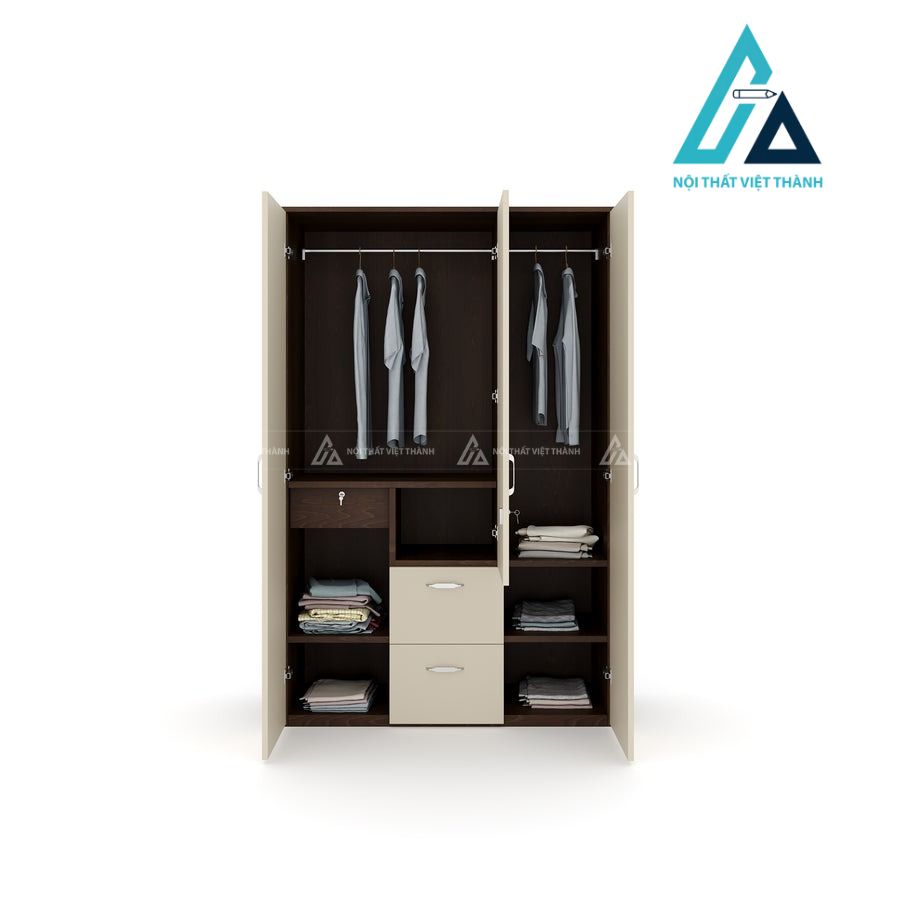 Tủ quần áo 3 cánh MDF màu óc chó phối trắng có gương hiện đại 3