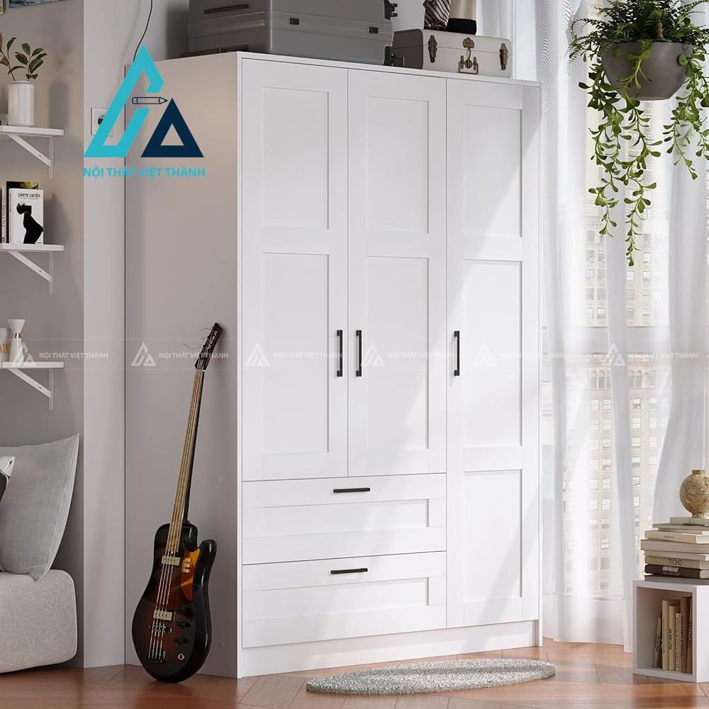 Tủ quần áo 3 cánh MDF màu trắng có ngăn kéo tiện dụng phong cách hiện đại