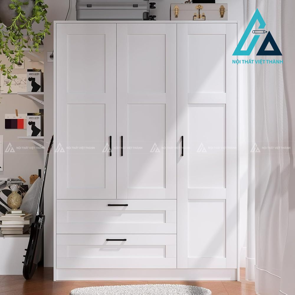 Tủ quần áo 3 cánh MDF màu trắng có ngăn kéo tiện dụng phong cách hiện đại 2