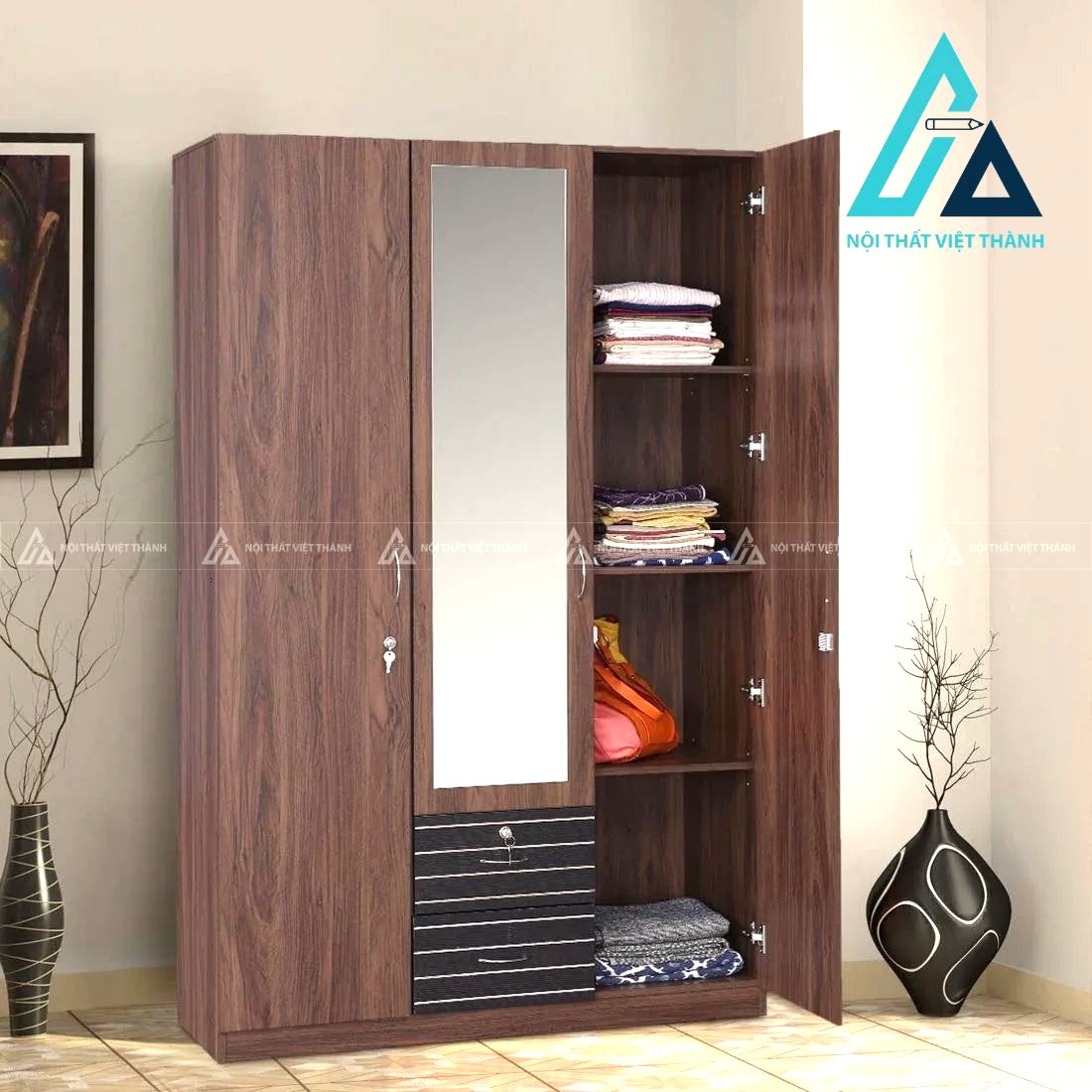 Tủ quần áo 3 cánh MDF phủ laminate vân gỗ nâu tích hợp gương hiện đại