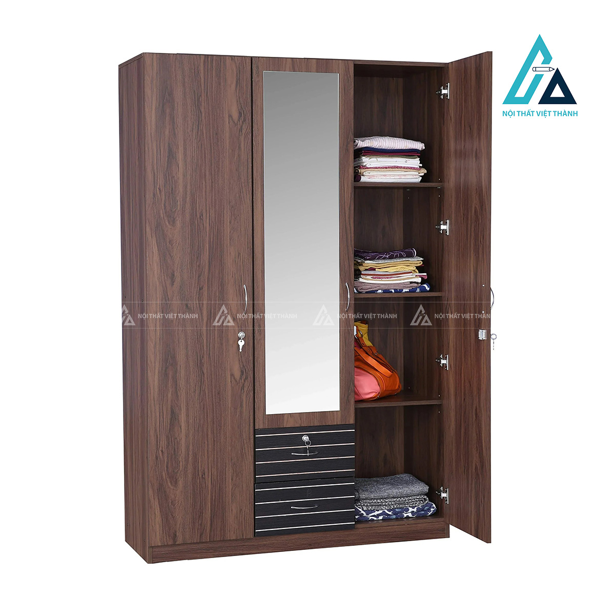 Tủ quần áo 3 cánh MDF phủ laminate vân gỗ nâu tích hợp gương hiện đại 1