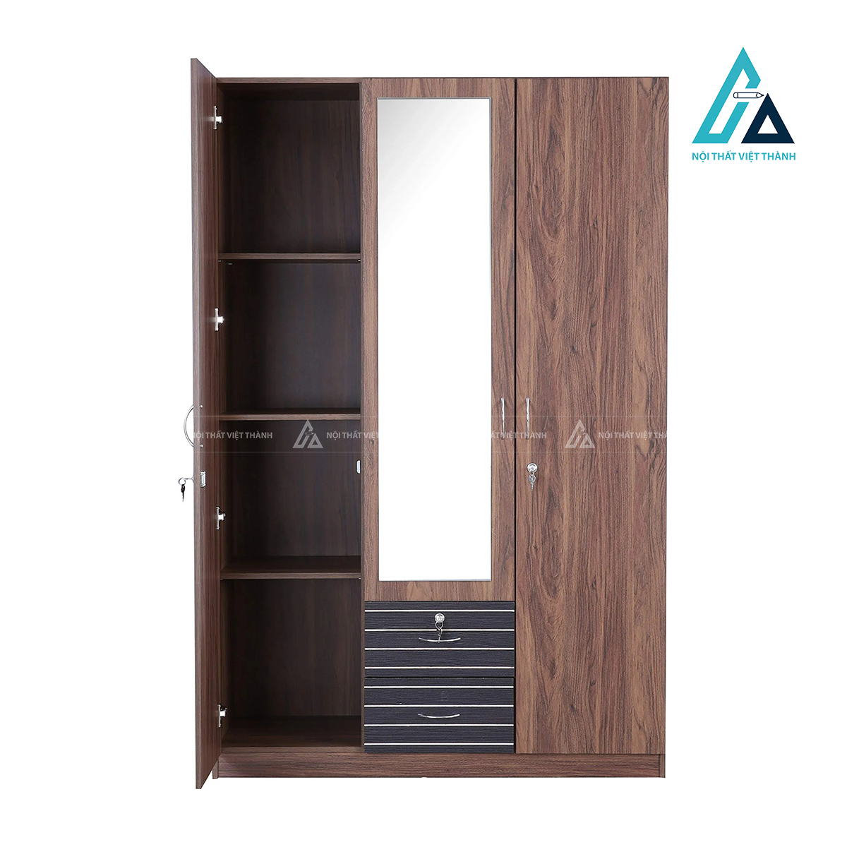 Tủ quần áo 3 cánh MDF phủ laminate vân gỗ nâu tích hợp gương hiện đại 2