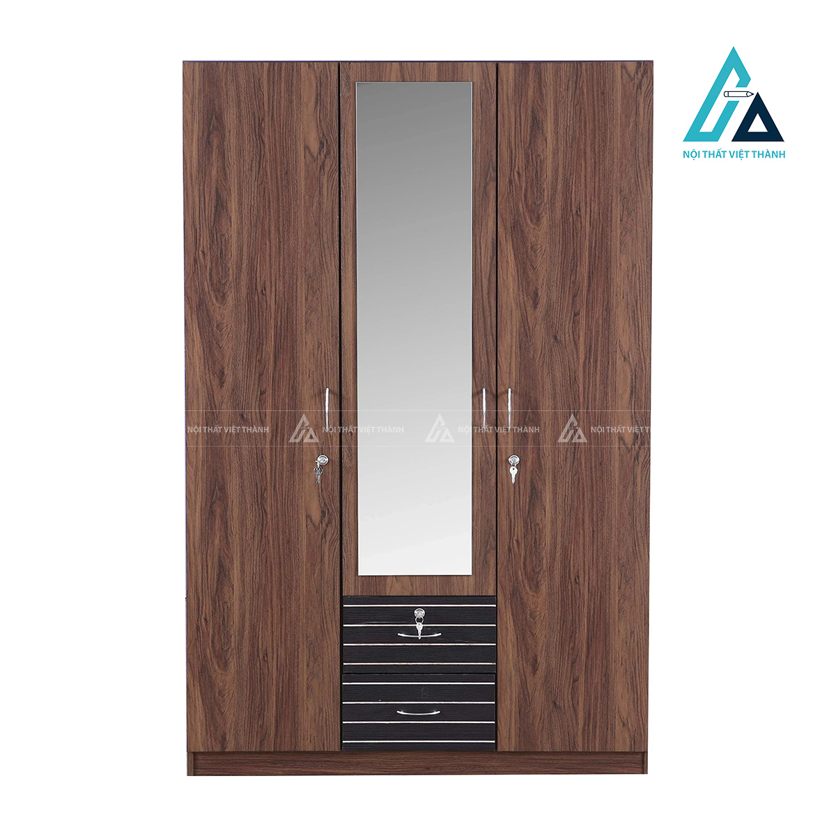 Tủ quần áo 3 cánh MDF phủ laminate vân gỗ nâu tích hợp gương hiện đại 4