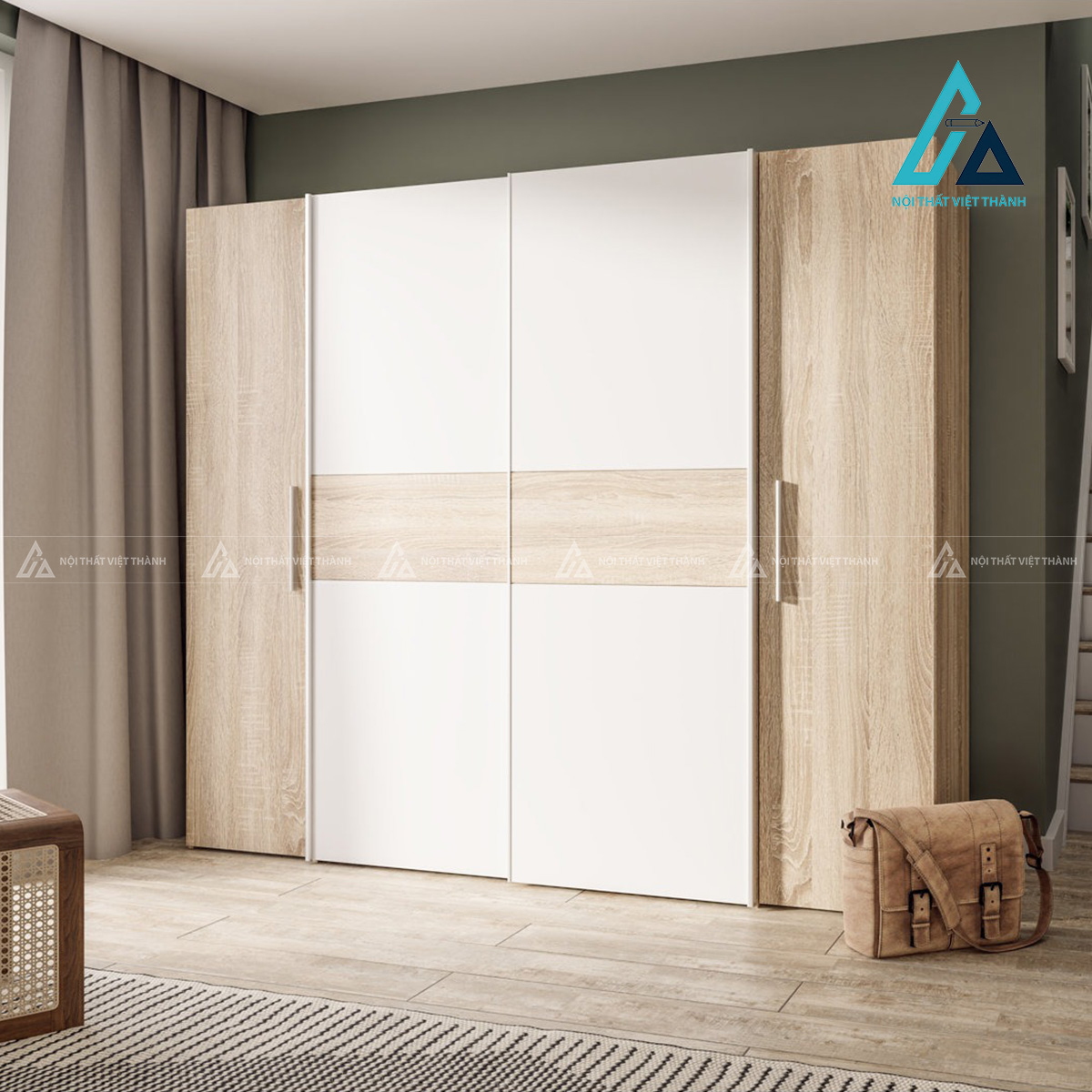 Tủ quần áo 4 cánh cửa lùa kết hợp mở MDF vân sồi đẹp hiện đại