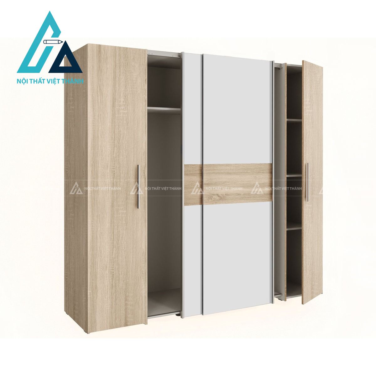 Tủ quần áo 4 cánh cửa lùa kết hợp mở MDF vân sồi đẹp hiện đại 2