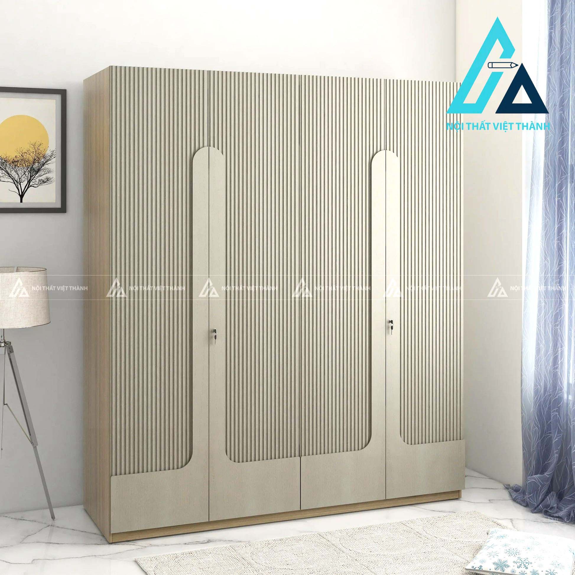 Tủ quần áo 4 cánh gỗ MDF màu sồi sọc đứng hiện đại sang trọng