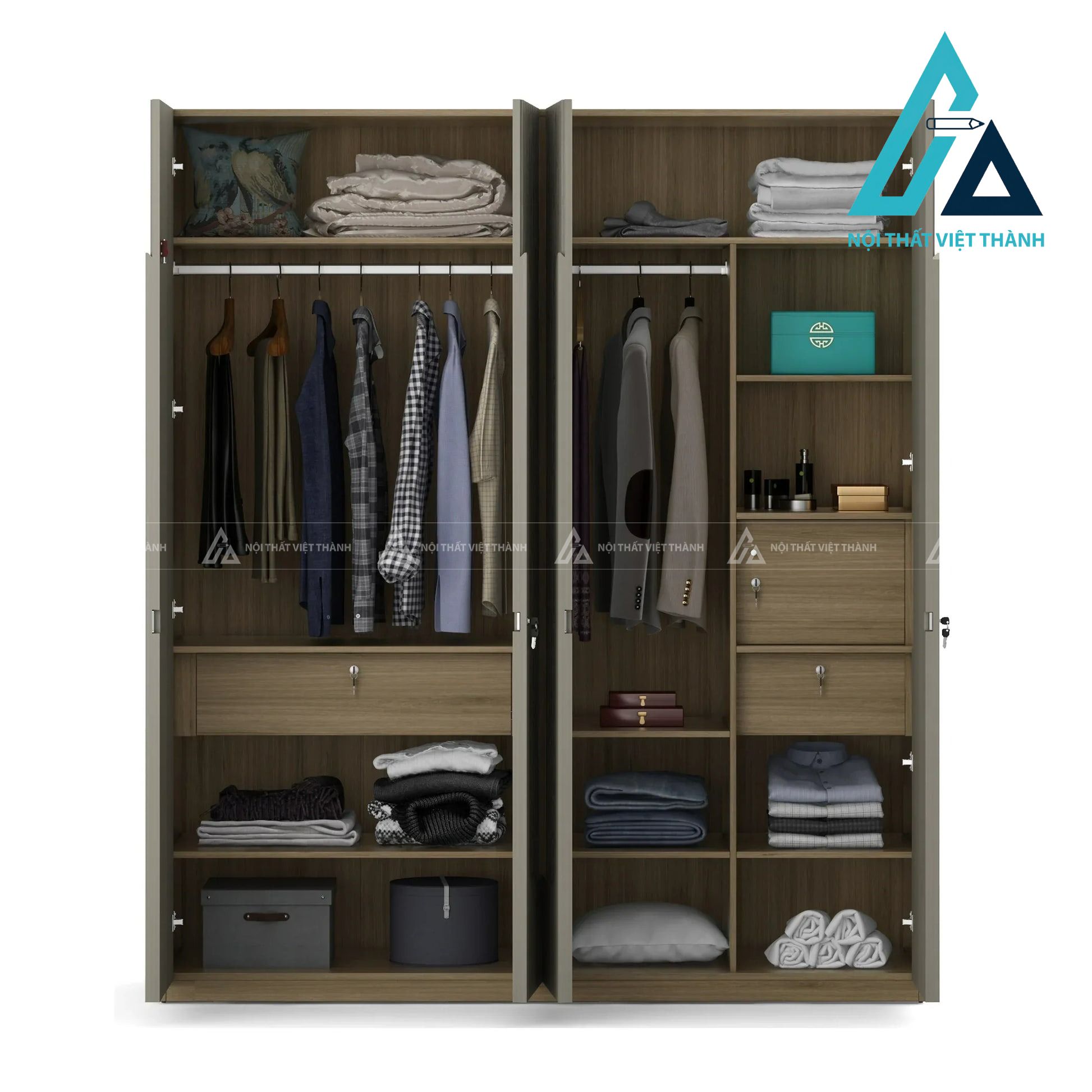 Tủ quần áo 4 cánh gỗ MDF màu sồi sọc đứng hiện đại sang trọng 3