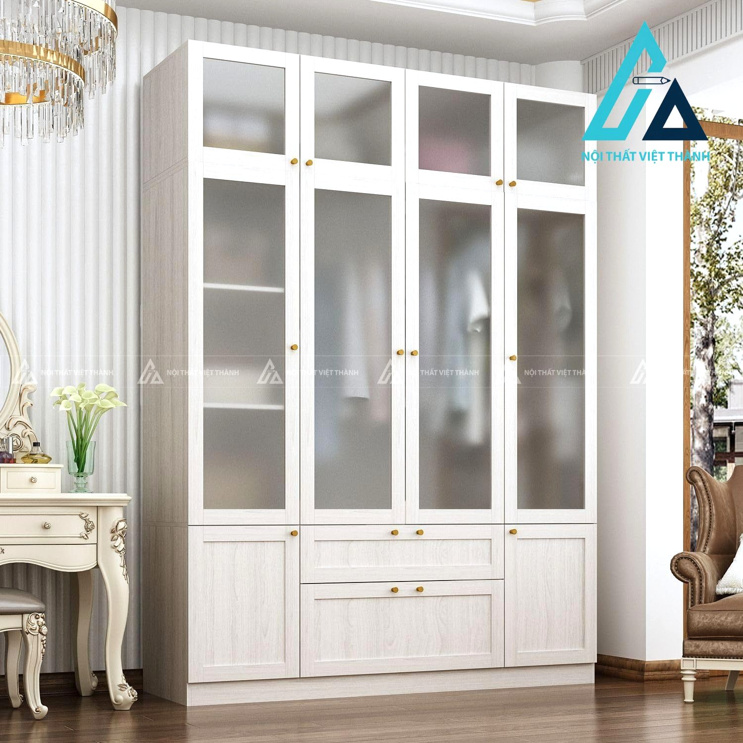 Tủ quần áo 4 cánh kính MDF vân gỗ trắng hiện đại cao cấp