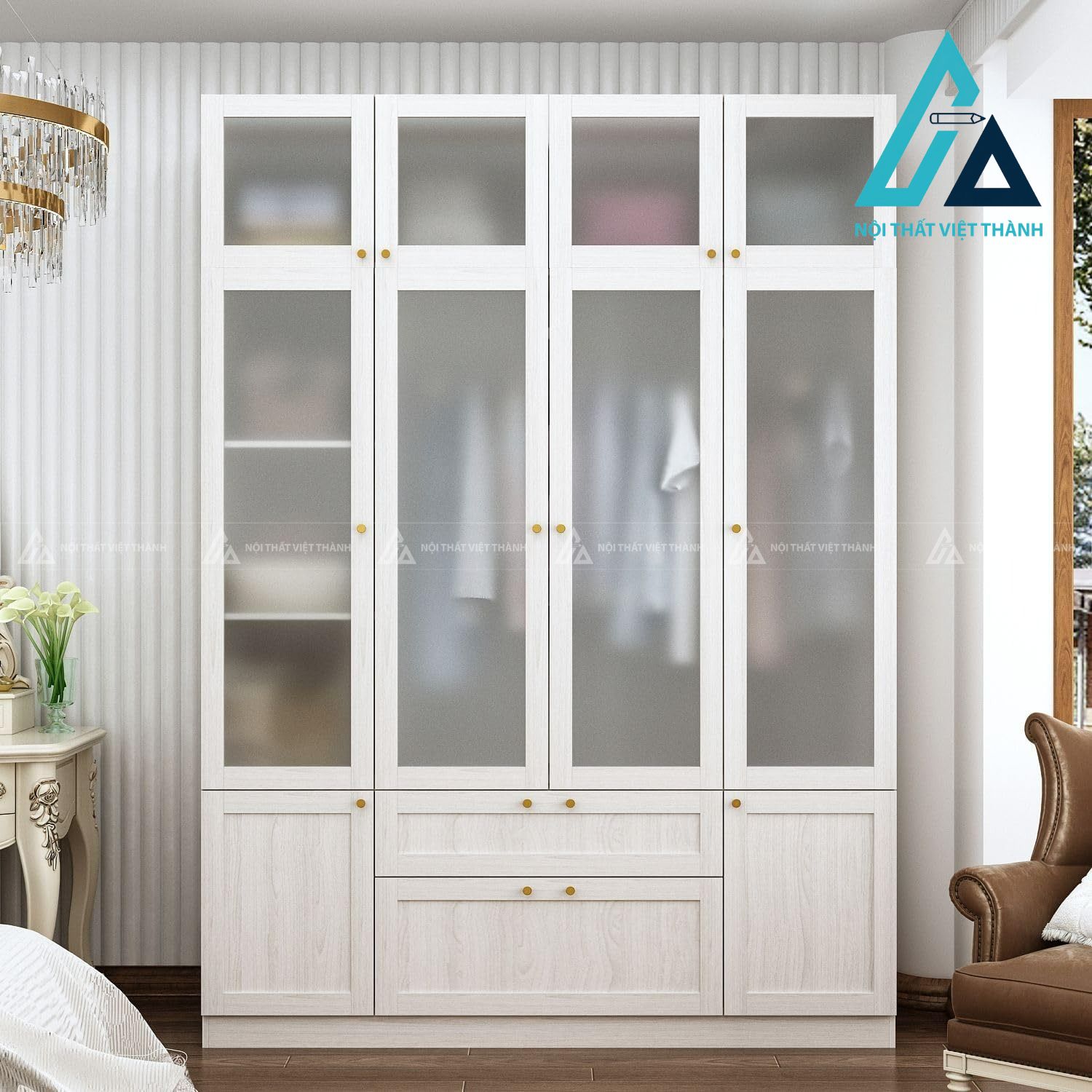 Tủ quần áo 4 cánh kính MDF vân gỗ trắng hiện đại cao cấp 1