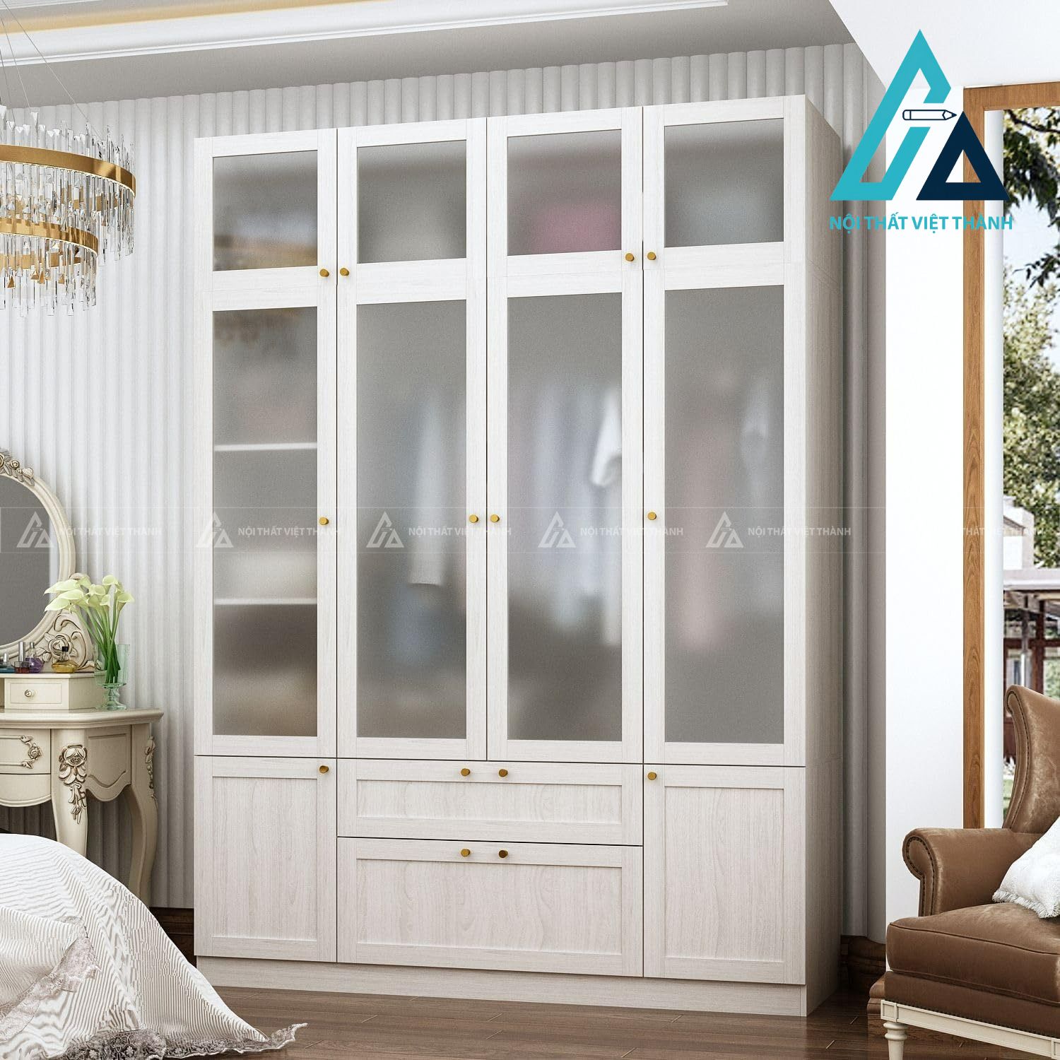 Tủ quần áo 4 cánh kính MDF vân gỗ trắng hiện đại cao cấp 2