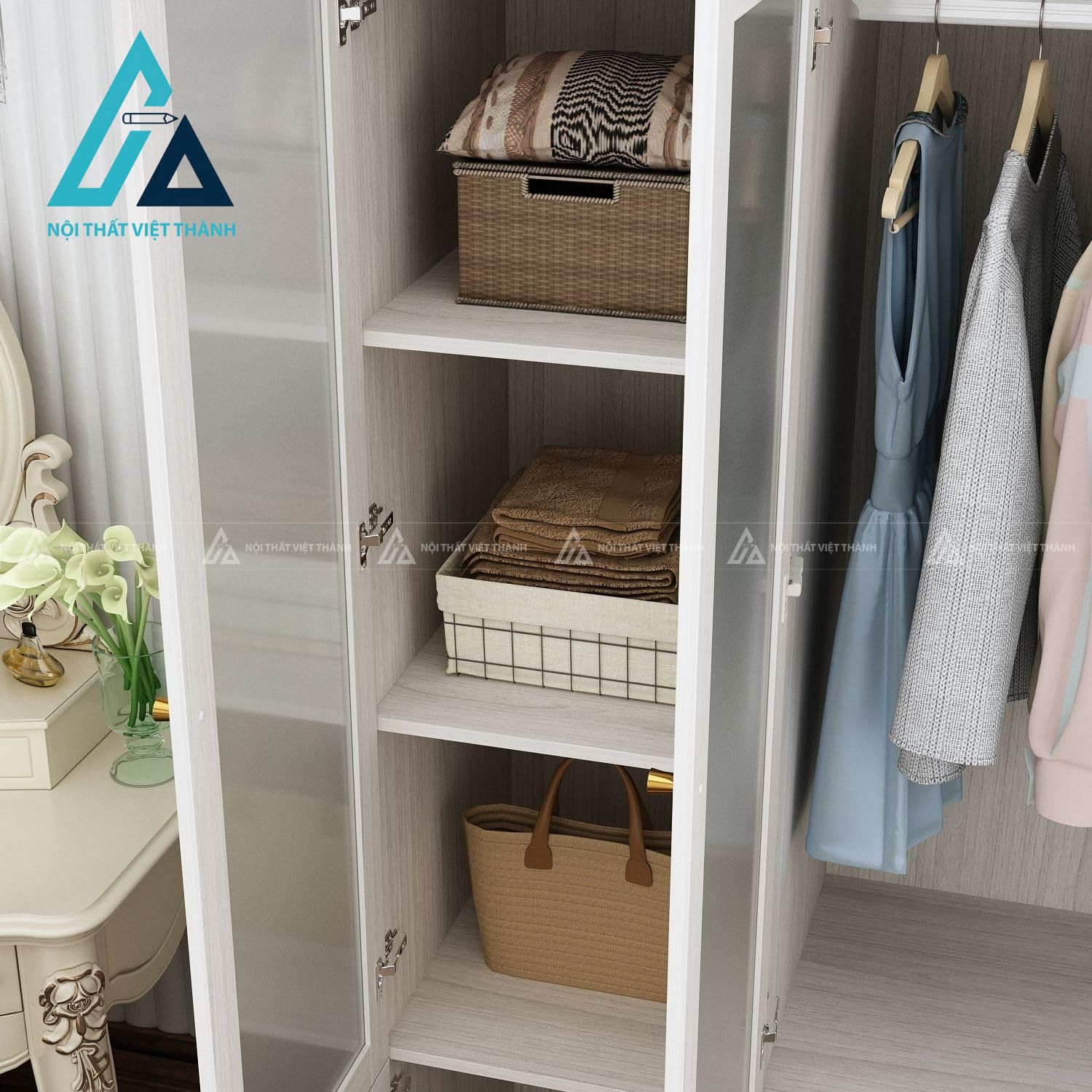 Tủ quần áo 4 cánh kính MDF vân gỗ trắng hiện đại cao cấp 4