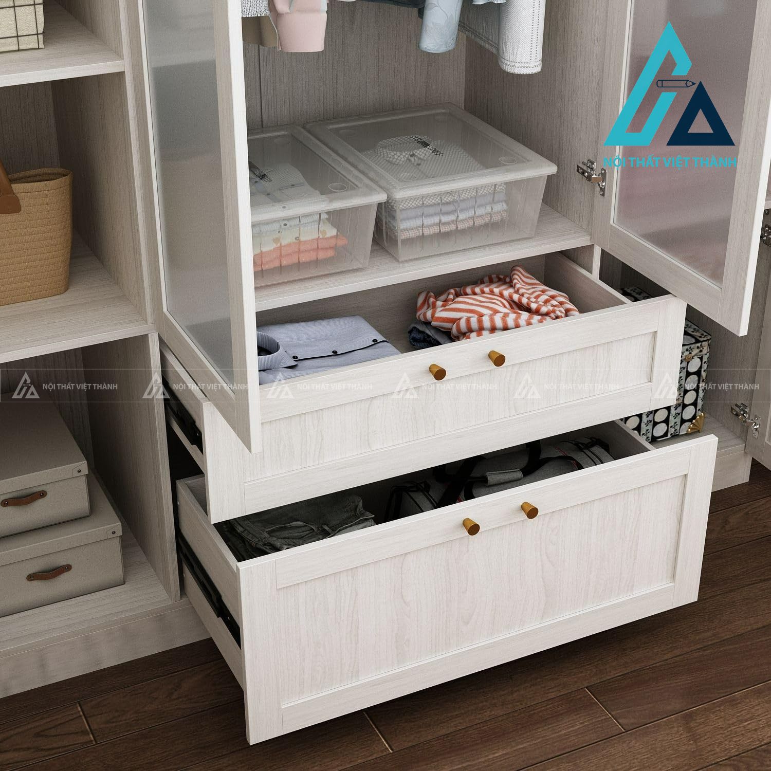 Tủ quần áo 4 cánh kính MDF vân gỗ trắng hiện đại cao cấp 5