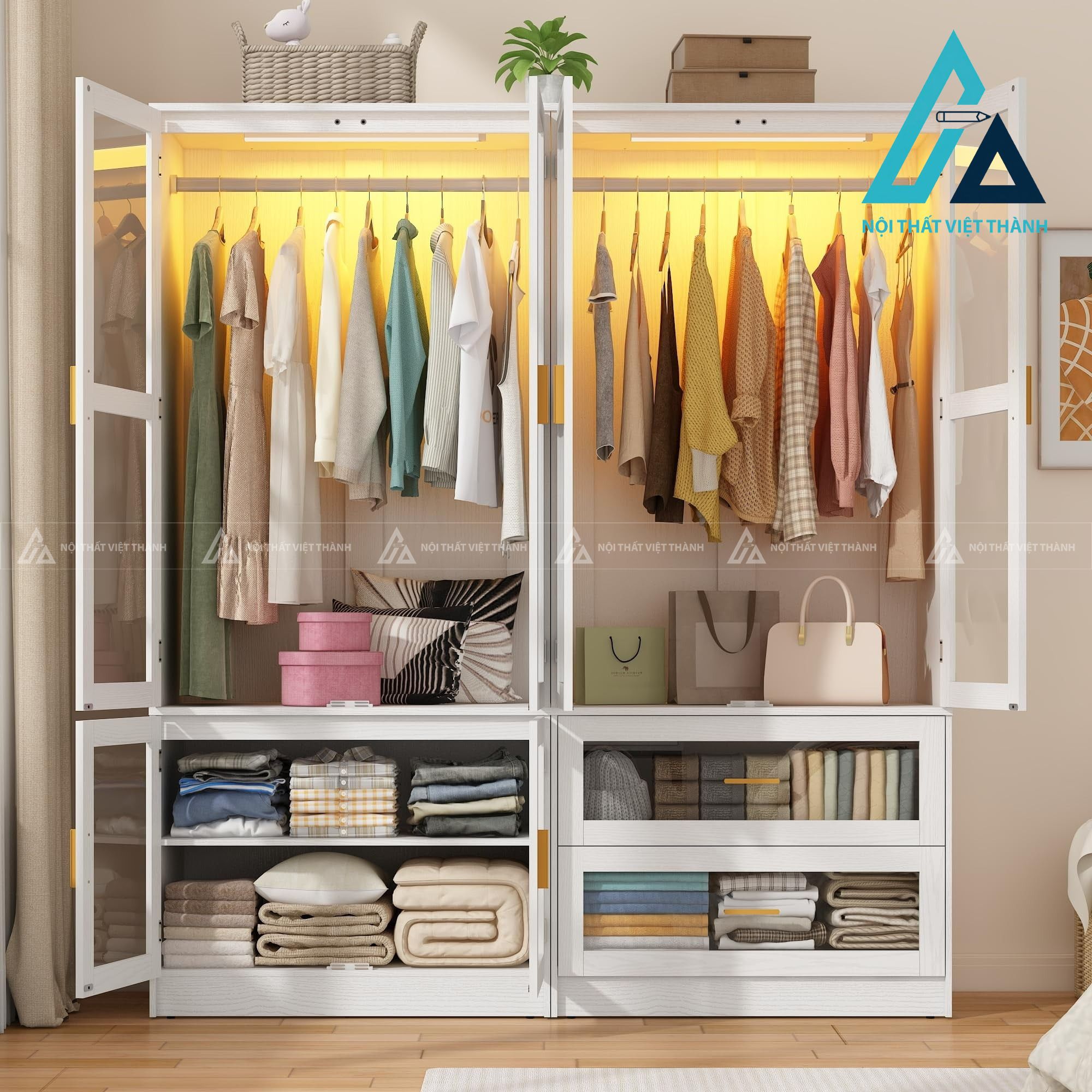 Tủ quần áo 4 cánh kính trong tích hợp đèn LED hiện đại cao cấp