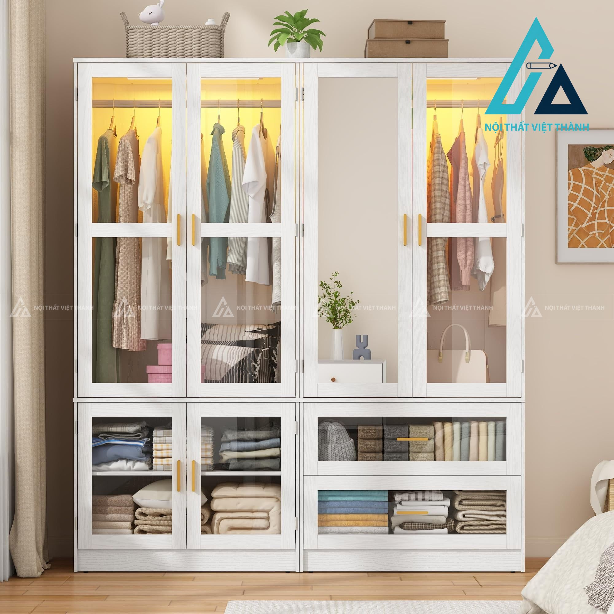 Tủ quần áo 4 cánh kính trong tích hợp đèn LED hiện đại cao cấp 1