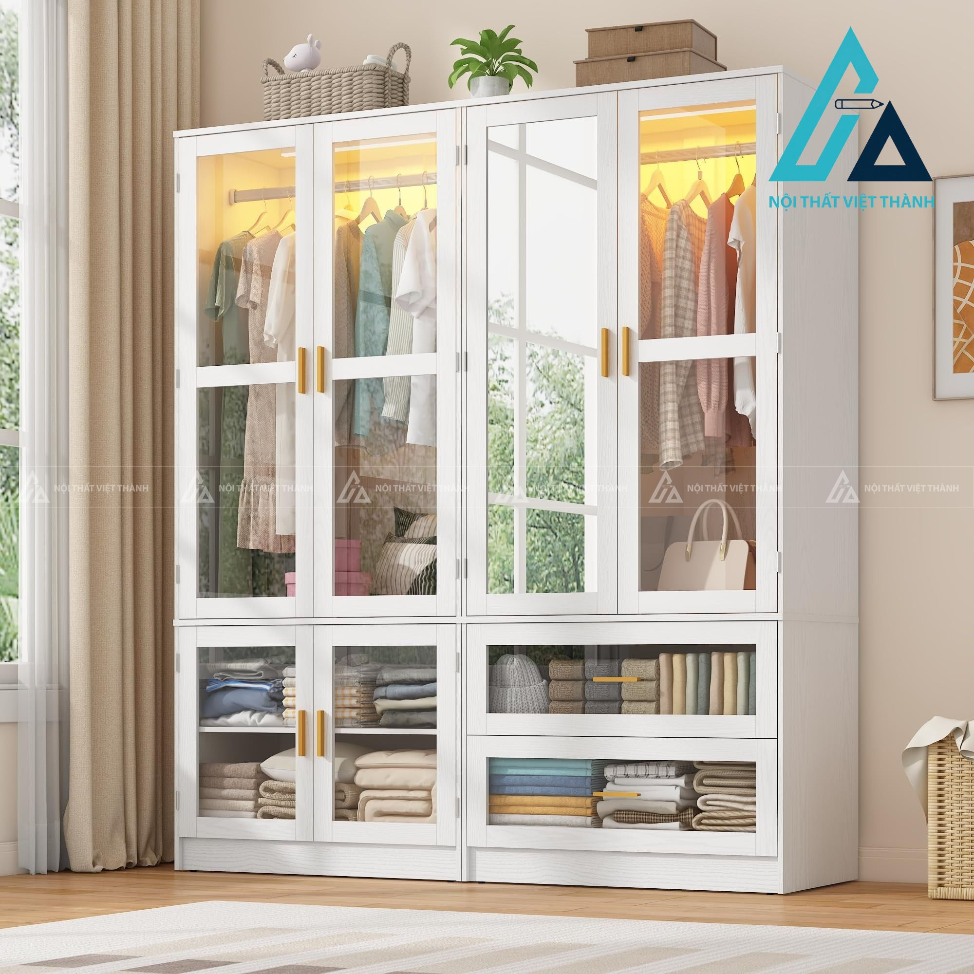 Tủ quần áo 4 cánh kính trong tích hợp đèn LED hiện đại cao cấp 2