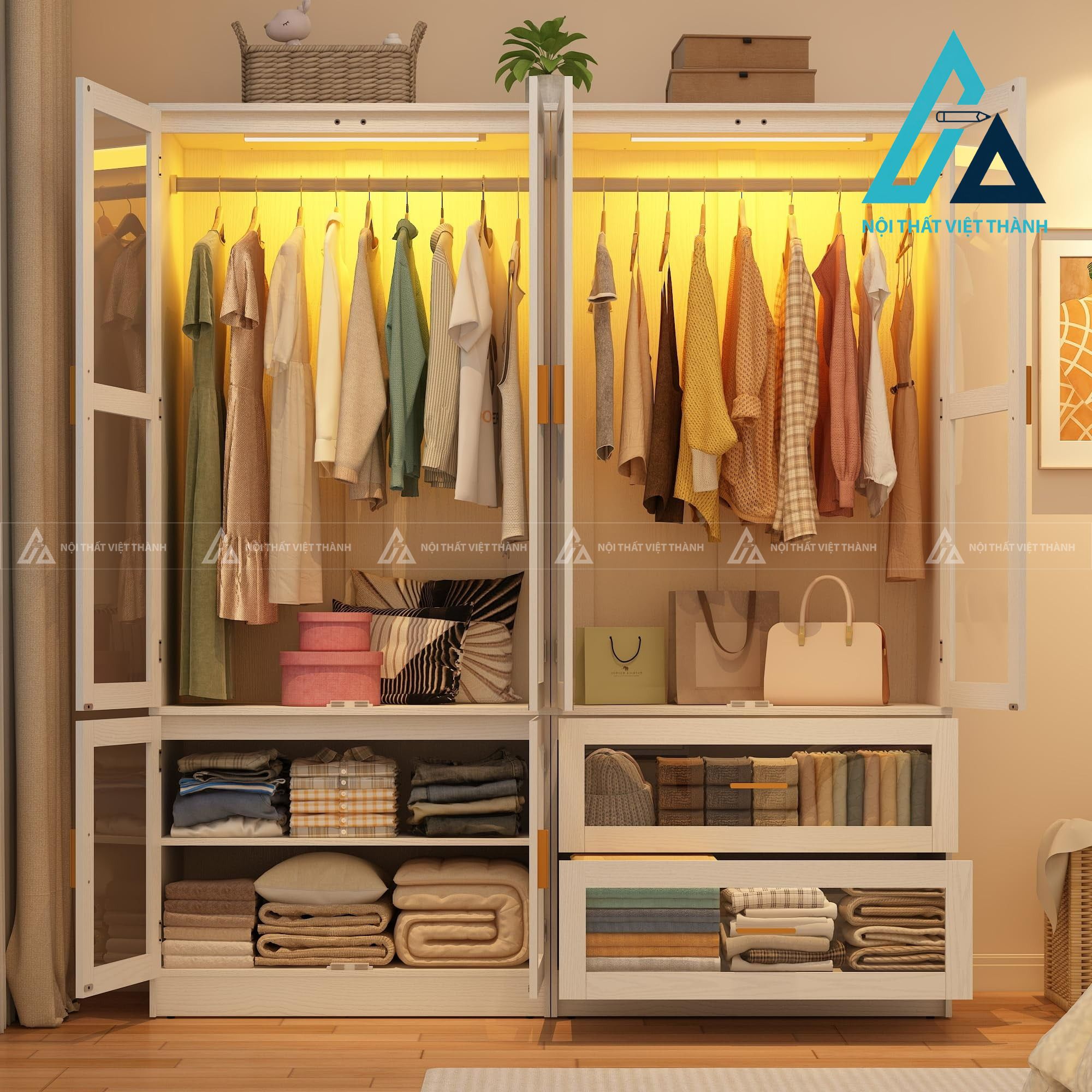 Tủ quần áo 4 cánh kính trong tích hợp đèn LED hiện đại cao cấp 3