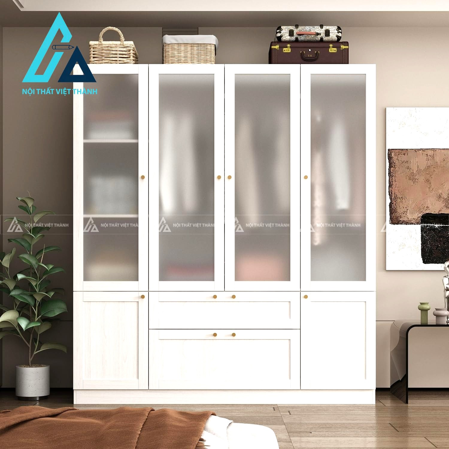 Tủ quần áo 4 cánh MDF cửa kính mờ hiện đại có ngăn kéo tiện dụng