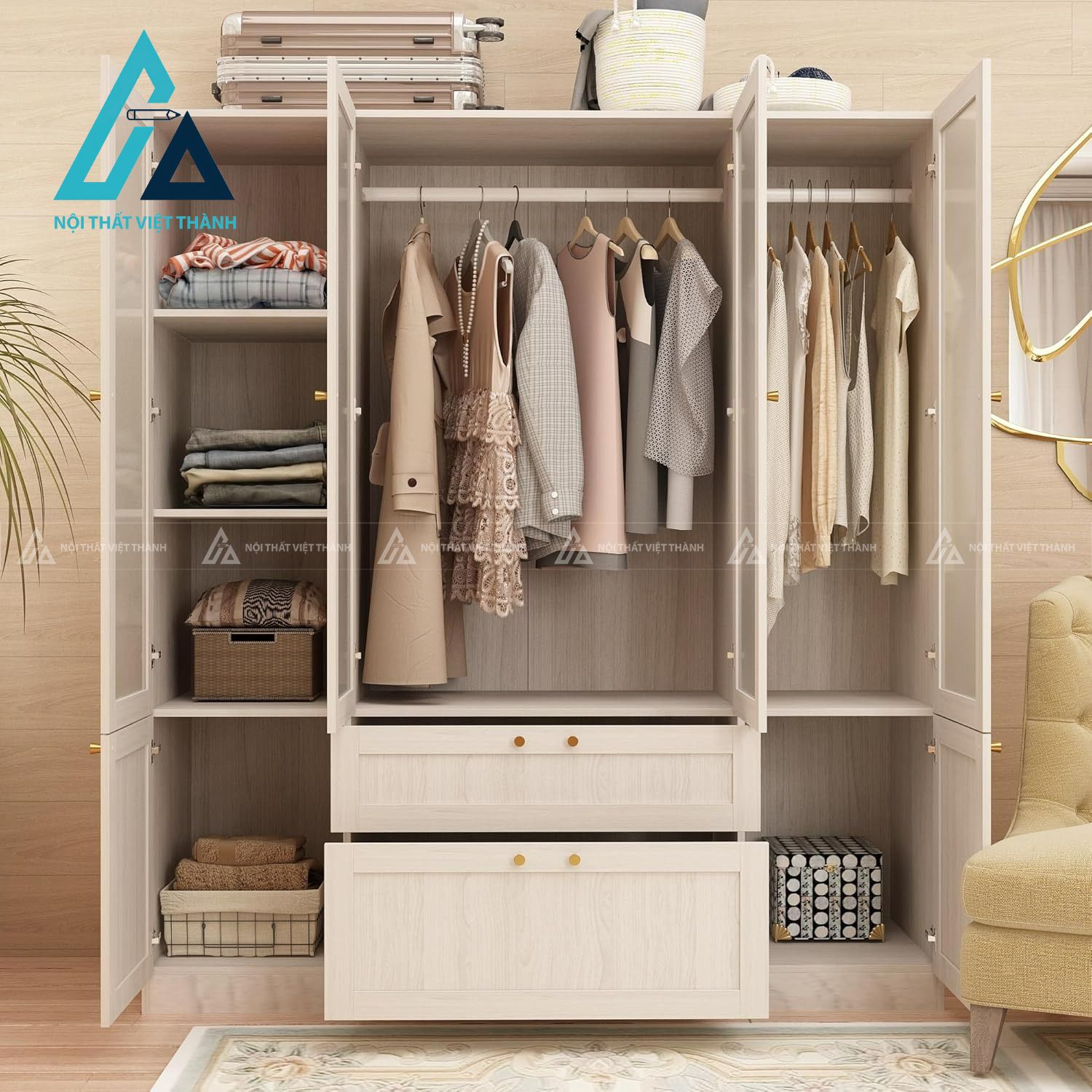 Tủ quần áo 4 cánh MDF cửa kính mờ hiện đại có ngăn kéo tiện dụng 2