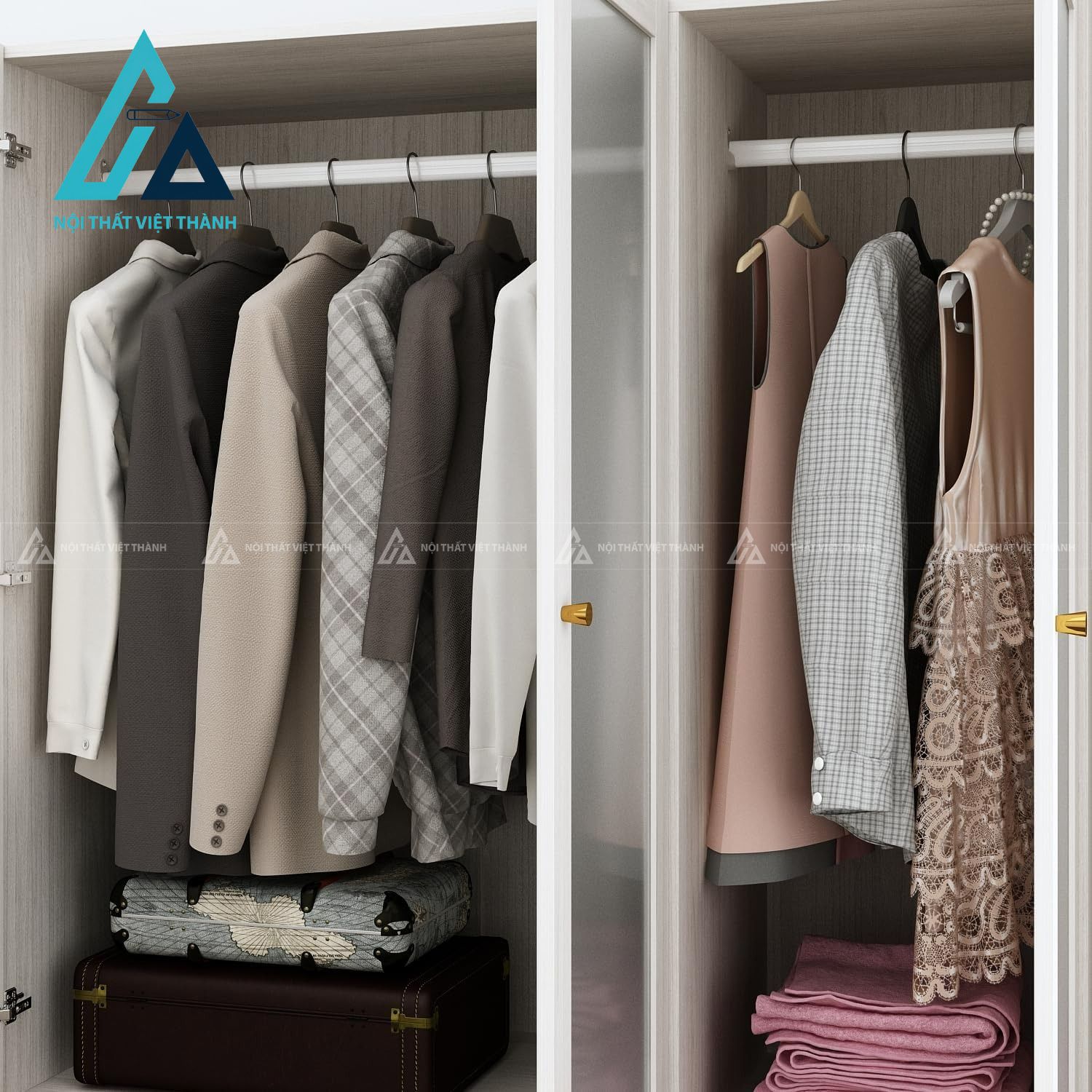 Tủ quần áo 4 cánh MDF cửa kính mờ hiện đại có ngăn kéo tiện dụng 3