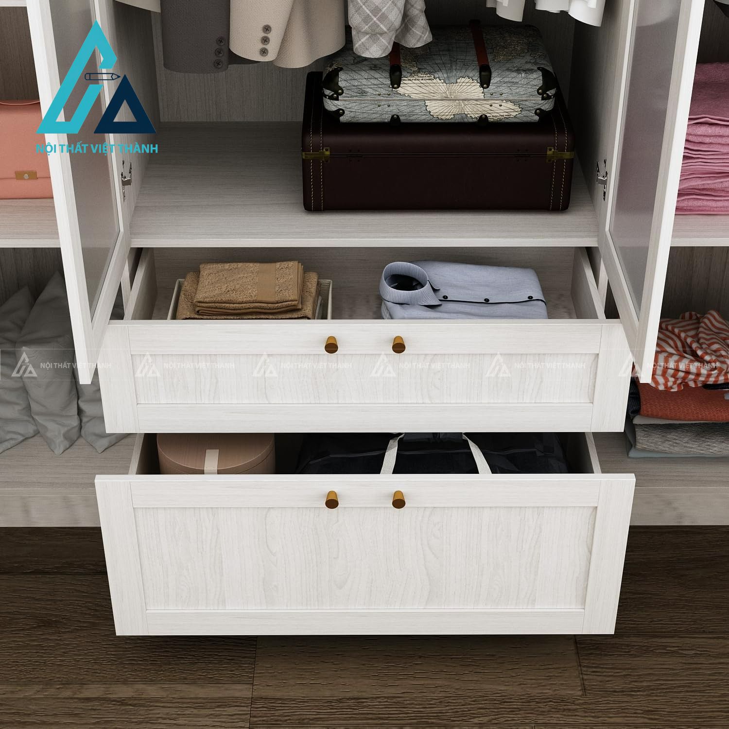 Tủ quần áo 4 cánh MDF cửa kính mờ hiện đại có ngăn kéo tiện dụng 4