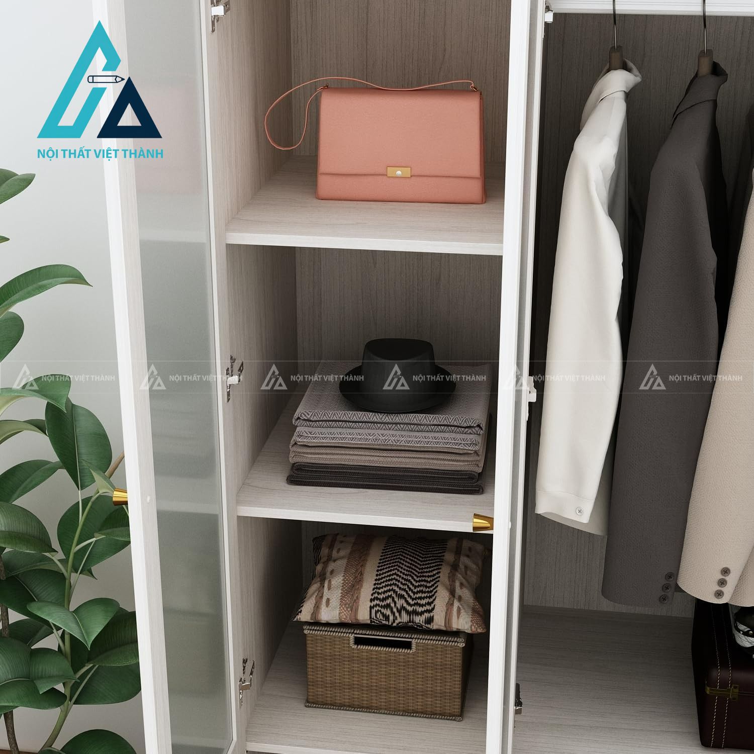 Tủ quần áo 4 cánh MDF cửa kính mờ hiện đại có ngăn kéo tiện dụng 5