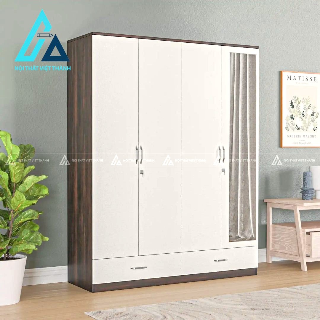 Tủ quần áo 4 cánh MDF màu gỗ óc chó phối trắng kèm gương hiện đại