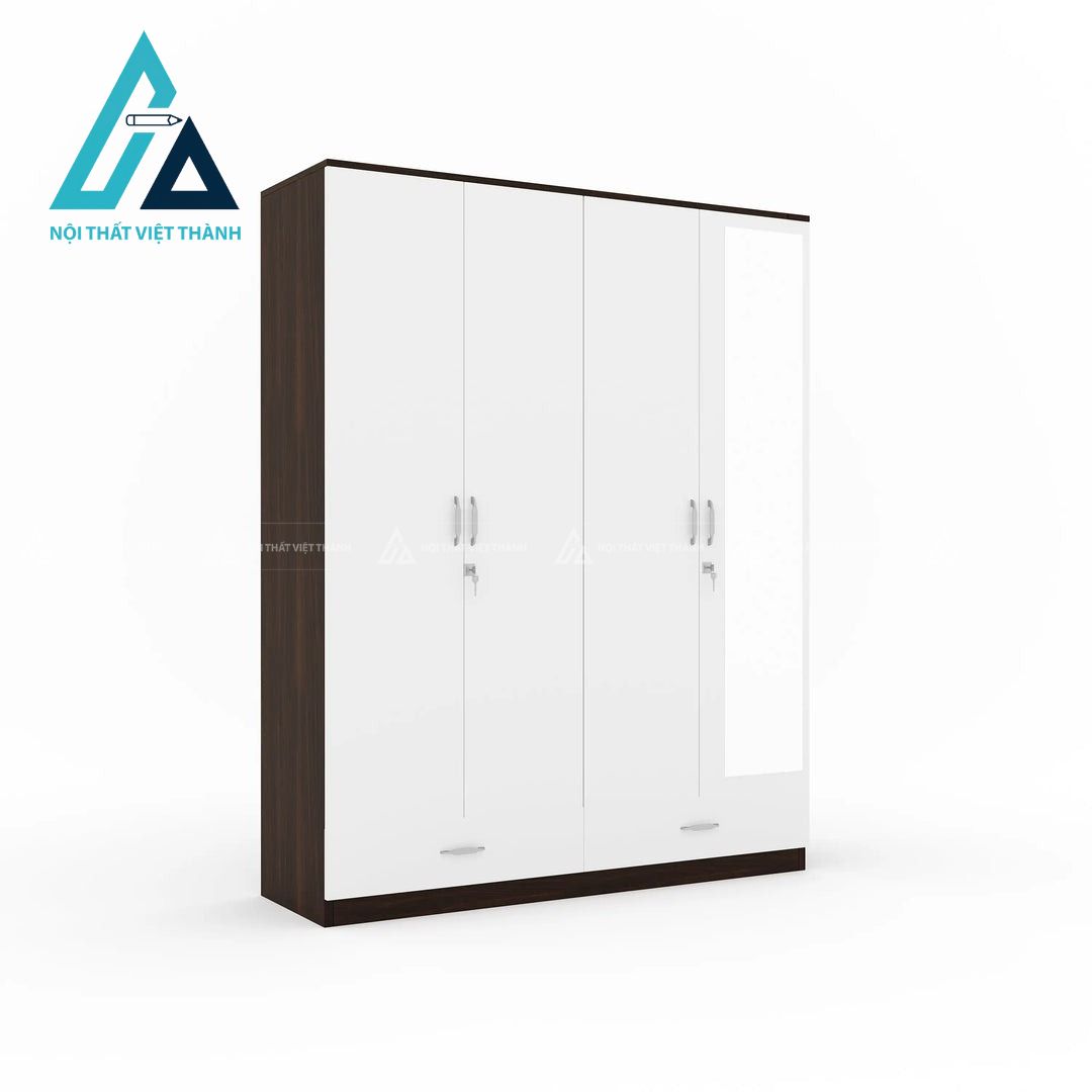Tủ quần áo 4 cánh MDF màu gỗ óc chó phối trắng kèm gương hiện đại 2