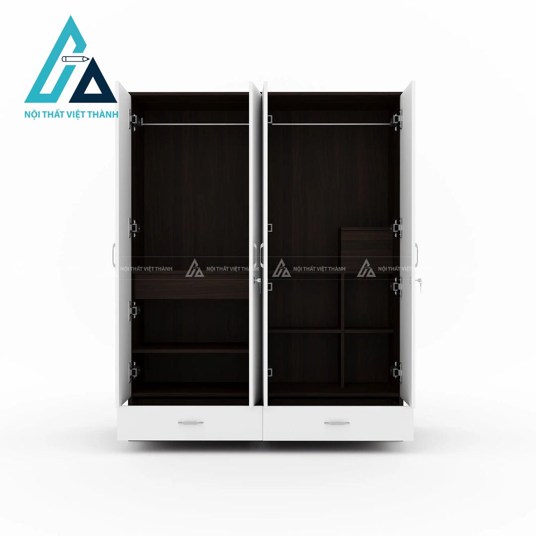 Tủ quần áo 4 cánh MDF màu gỗ óc chó phối trắng kèm gương hiện đại 3