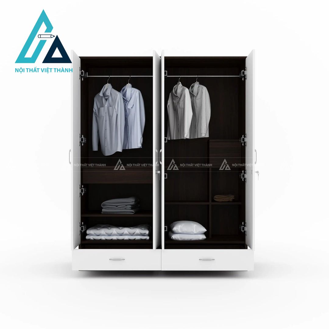 Tủ quần áo 4 cánh MDF màu gỗ óc chó phối trắng kèm gương hiện đại 4